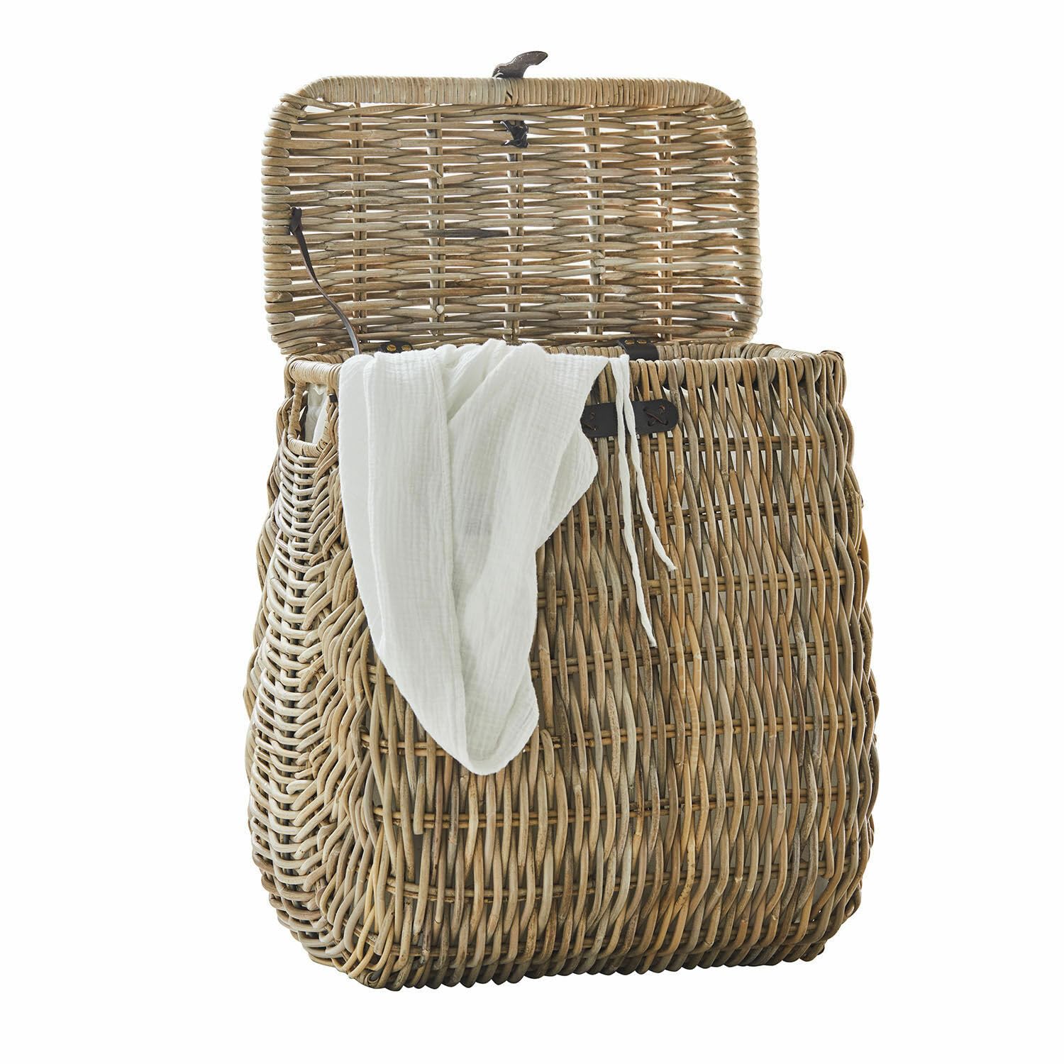Loberon Wäschekorb Solinette, inkl. Waschbarem Stoffeinsatz, Natürliches Design, Ordnungshelfer, Aufbewahrung, Rattan, Rindsleder, Polyester, braun/Creme