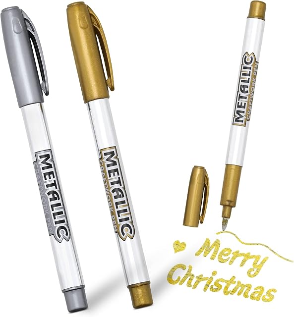 Gold Silver Ink Metallic Marker Pens, Shiny Highlight Marker Pens Bling Writing Pen Glittering Permanent Gloss Wet Shine Effect Art Marker Pens for Card Making Painting Album (2pcs, Gold Silver)