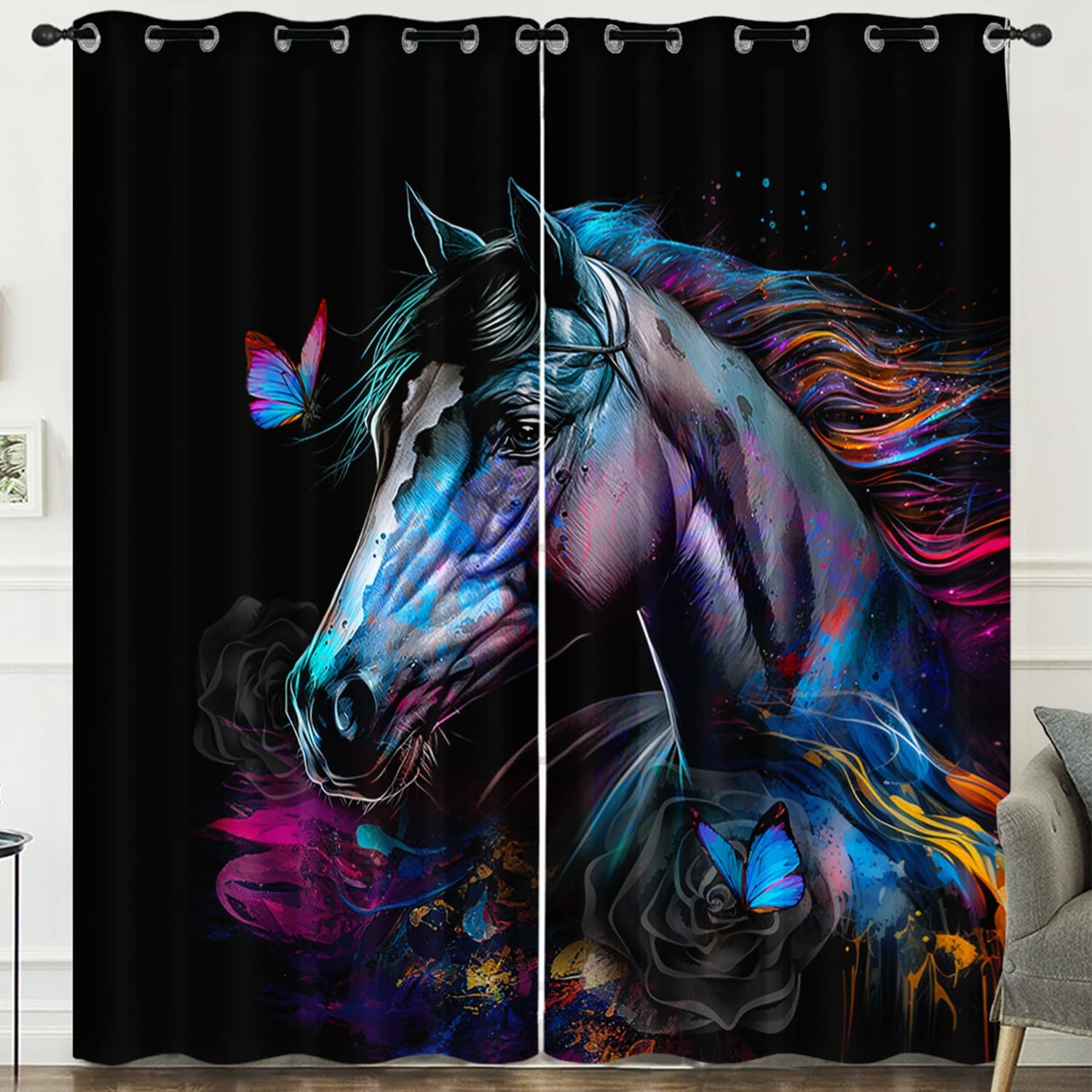 HOSIMA Butterfly Horse Curtains for Living Room 2 Panels Set with Grommets,Wildlife Horse Art Black Curtains for Bedroom Decor,Studio Apartment Essentials Animal Curtains & Drapes 38"*54"Inch.