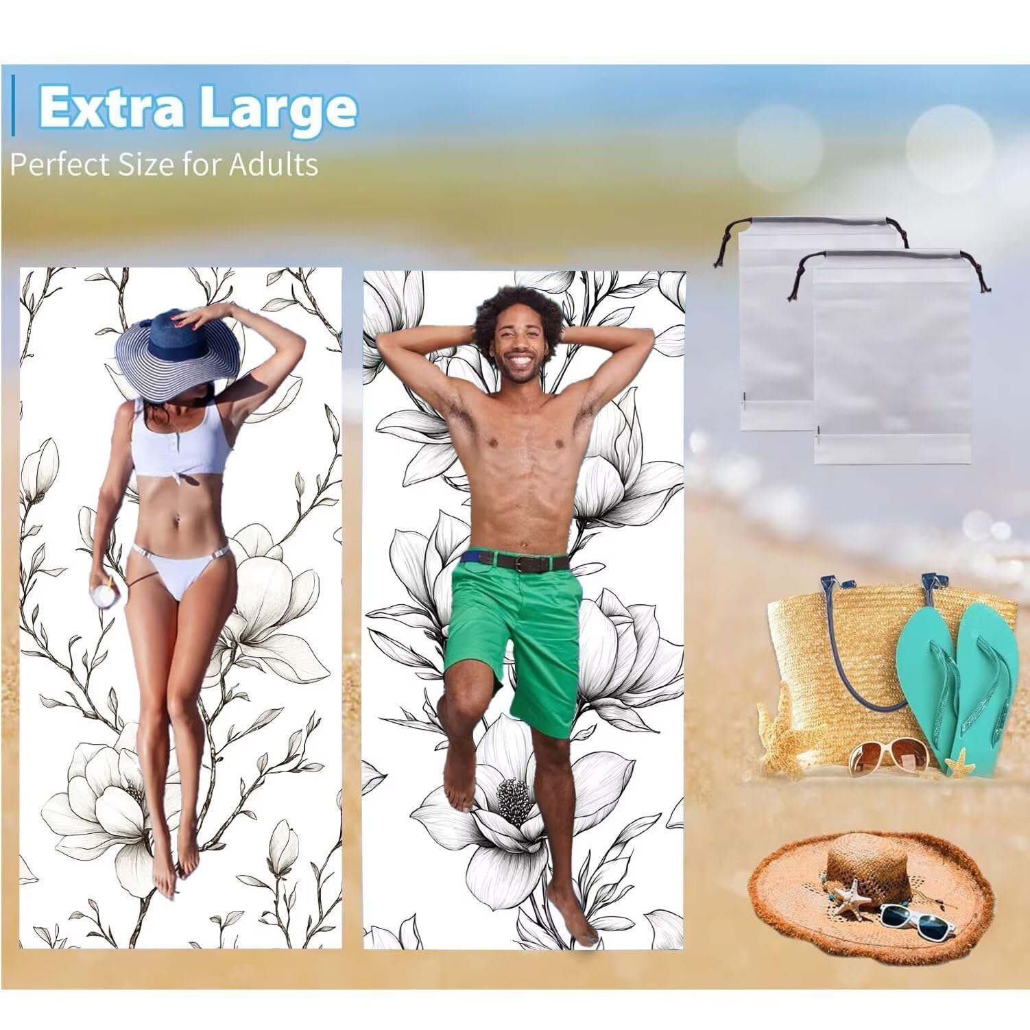 Toalla Playa 90 x 180 cm, Juego de 2 Toallas Microfibra Grande de Secado Rápido, Absorbente, Compacto, Toalla de BañO Sin Arena Verano Manta de Playa Mujer para Baño Regalo (Orquídea de jade) H-1062