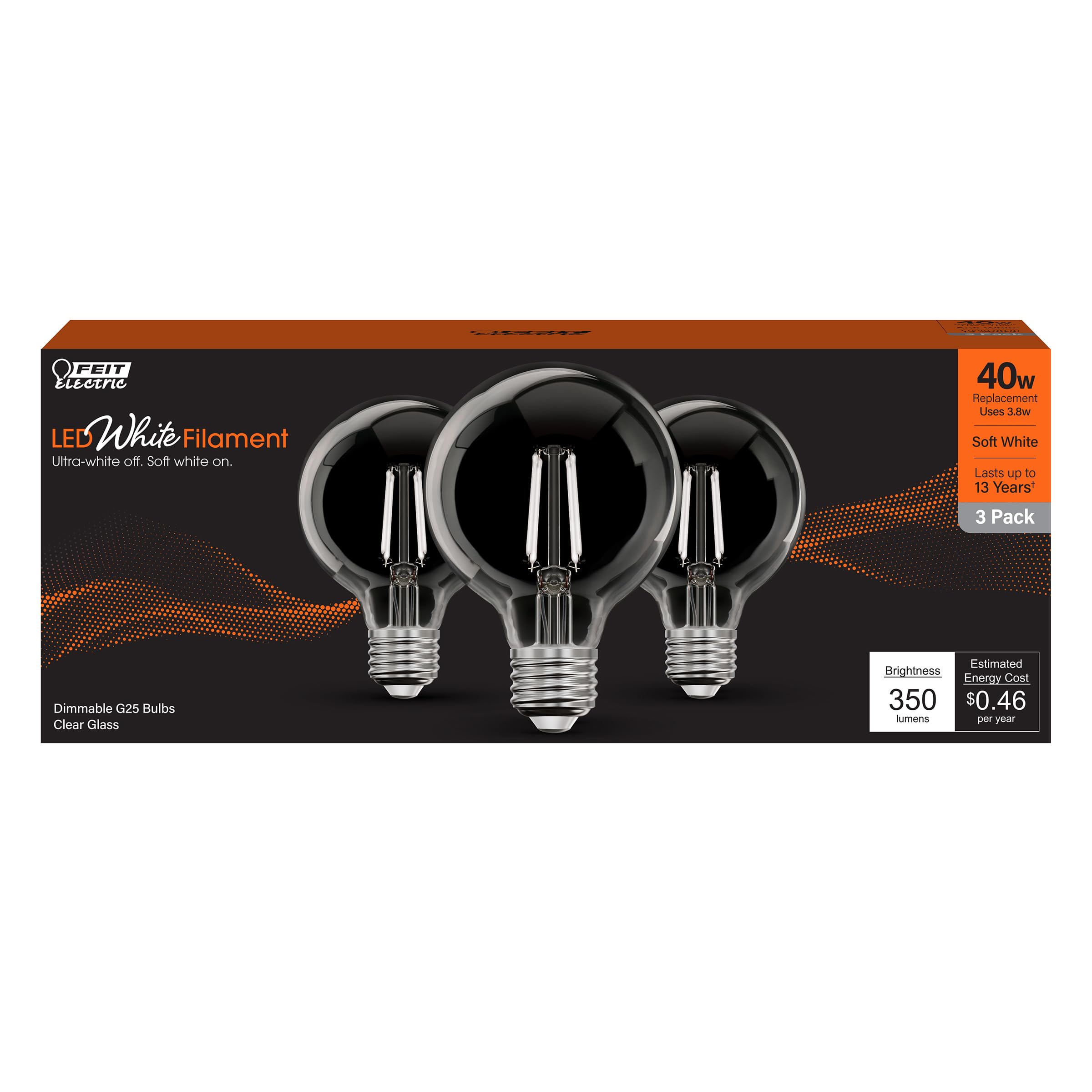 Feit Electric G25 White Filament LED Bulb, 40W Eq, Soft White, 3