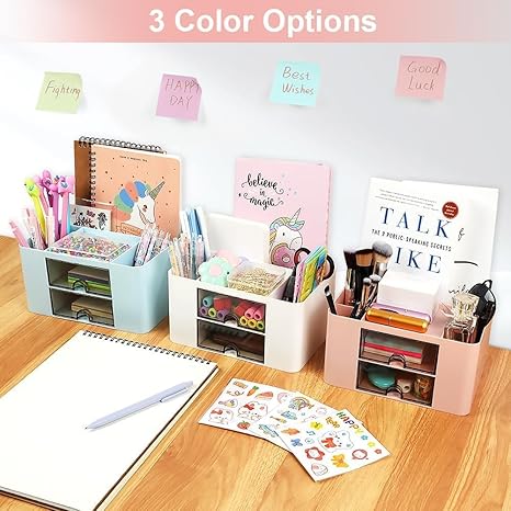 Shuttle Art Desk Organizer with 2 Drawers | Multi-Functional Stationery Holder for Office, Study Table, Home | 5 Compartment Pen, Pencil, Marker Storage Box for School & Art Supplies (White) - Image 10