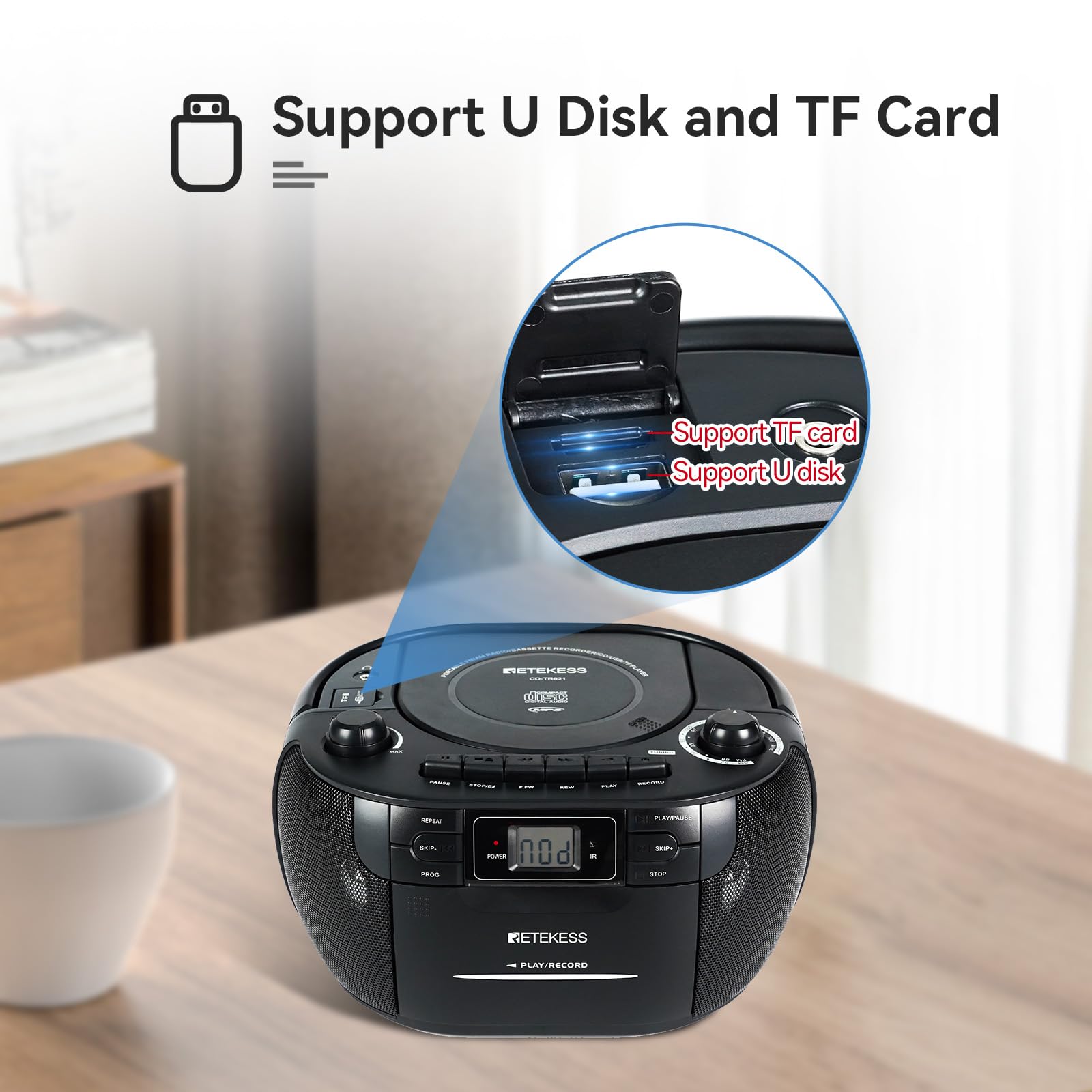 Retekess TR621 Przenośny Odtwarzacz CD Boombox Stereo z Radiem AM FM, Odtwarzacz Kasetowy, Magnetofon Kasetowy, Obsługa USB/TF/Słuchawek, z Pilotem (czarny)