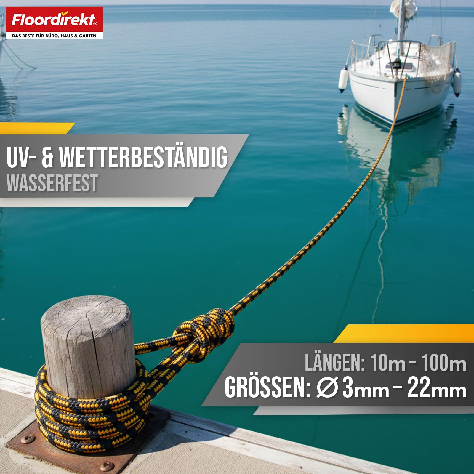 Floordirekt Polypropylen Seil K2 – 20mm 30m schwarz-orange, UV-beständig & wetterfest – strapazierfähiges PP-Seil für Garten, Camping, Boot & Landwirtschaft