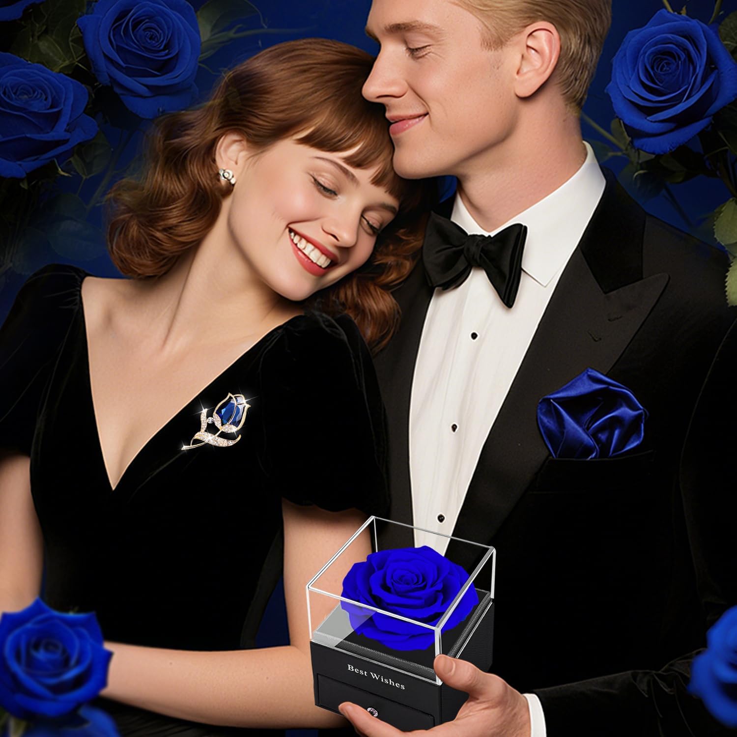 SWEETIME Preserved Rose Gift Enchanted Real Blue Rose with Sapphire Brooch, Eternal Flower Rose, Handmade Rose in Box with Pin, Forever Blue Rose Gift for her on Mother's Day, Birthday.