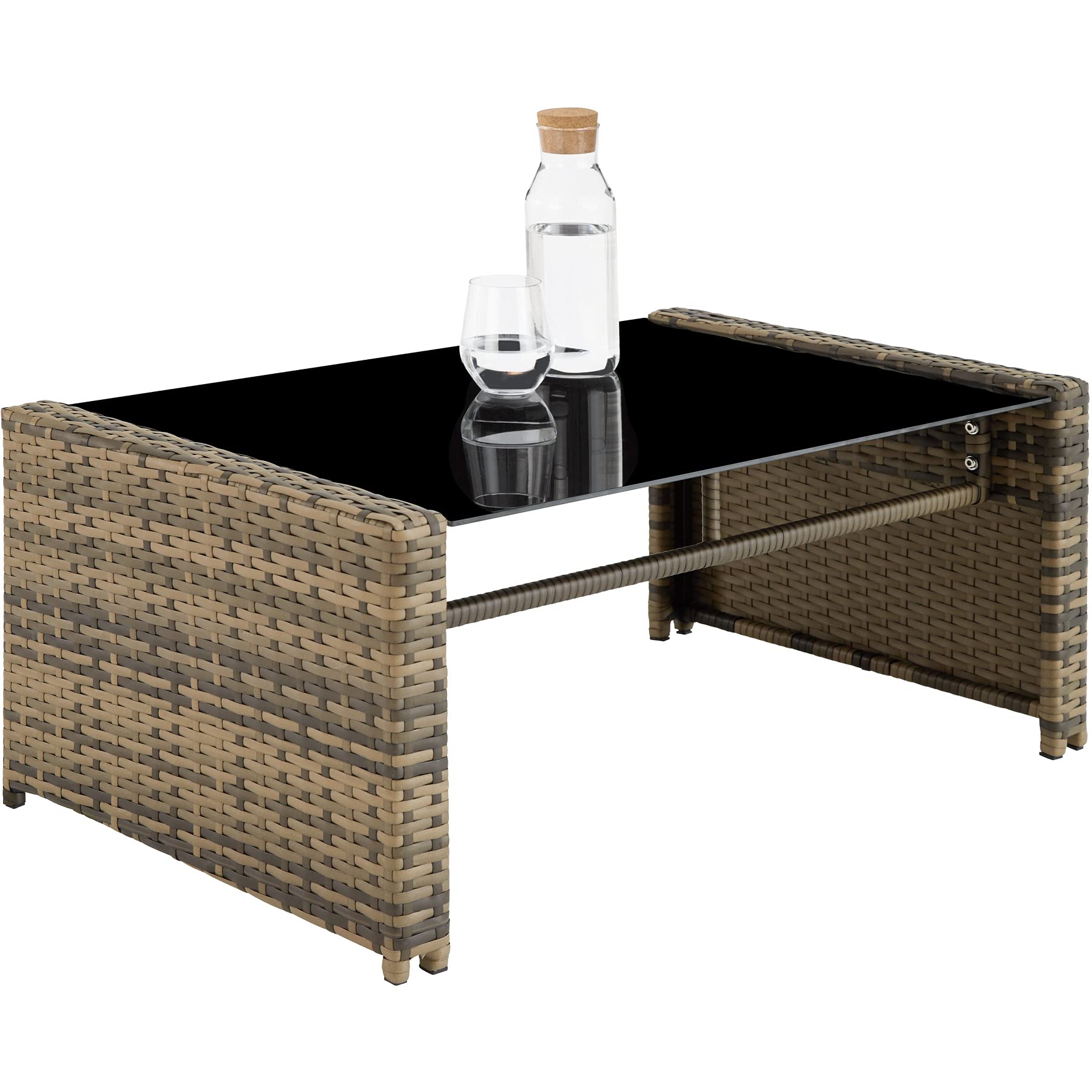 tectake® Conjunto Jardín de Ratán y Acero, Muebles Jardín Exterior, 2 Sillones 1 Sofá 1 Mesa con Cristal, Conjunto Terraza Resistente a Intemperie, con Cojines, Fundas Extraíbles - natural/gris oscuro