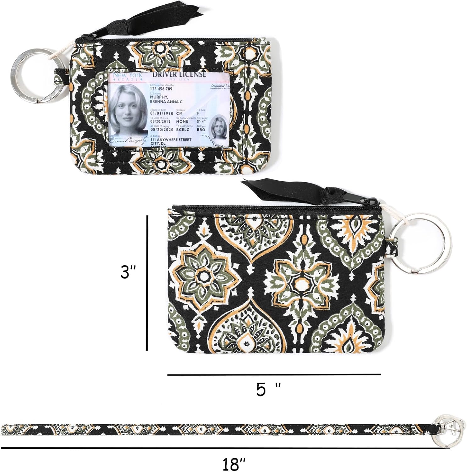 WONDERFUL FLOWER Lanyard Wallet for Women, ID Card Holder, Lanyards for ID Badges, Floral Zip ID Case Keychain Small Coin Purse for Cards, Cash, Work, Travel, Cruise, Teachers, Students, Kids, Black - Image 2