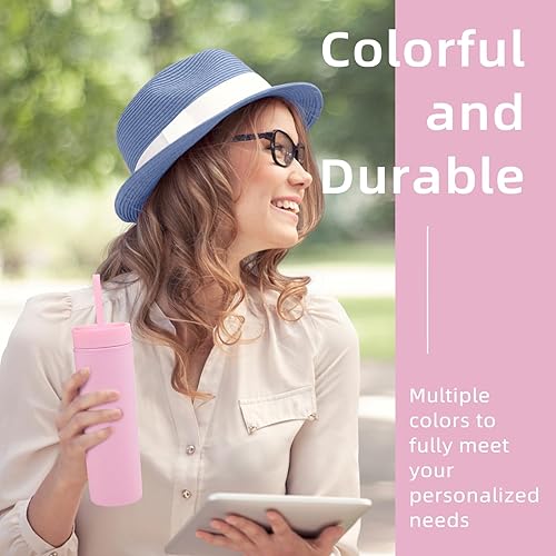 Miniatura 7 de Volhoply Vaso delgado de plástico de 16 onzas con tapa y pajita, paquete de 8 unidades, vasos aislados de doble pared de acrílico mate, sin BPA,