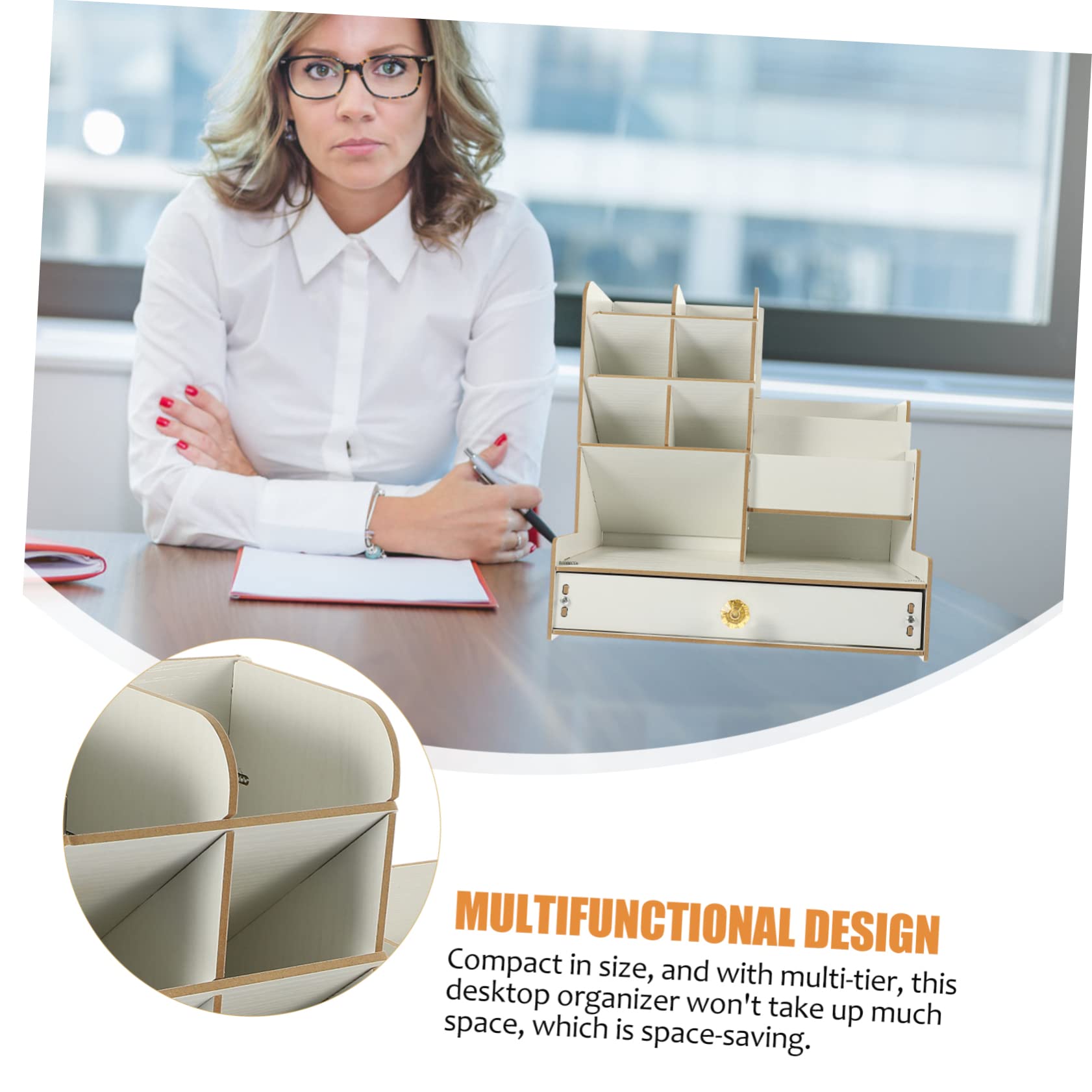 Portaoggetti da Scrivania in Legno Bianco, Organizer Multi-scomparto