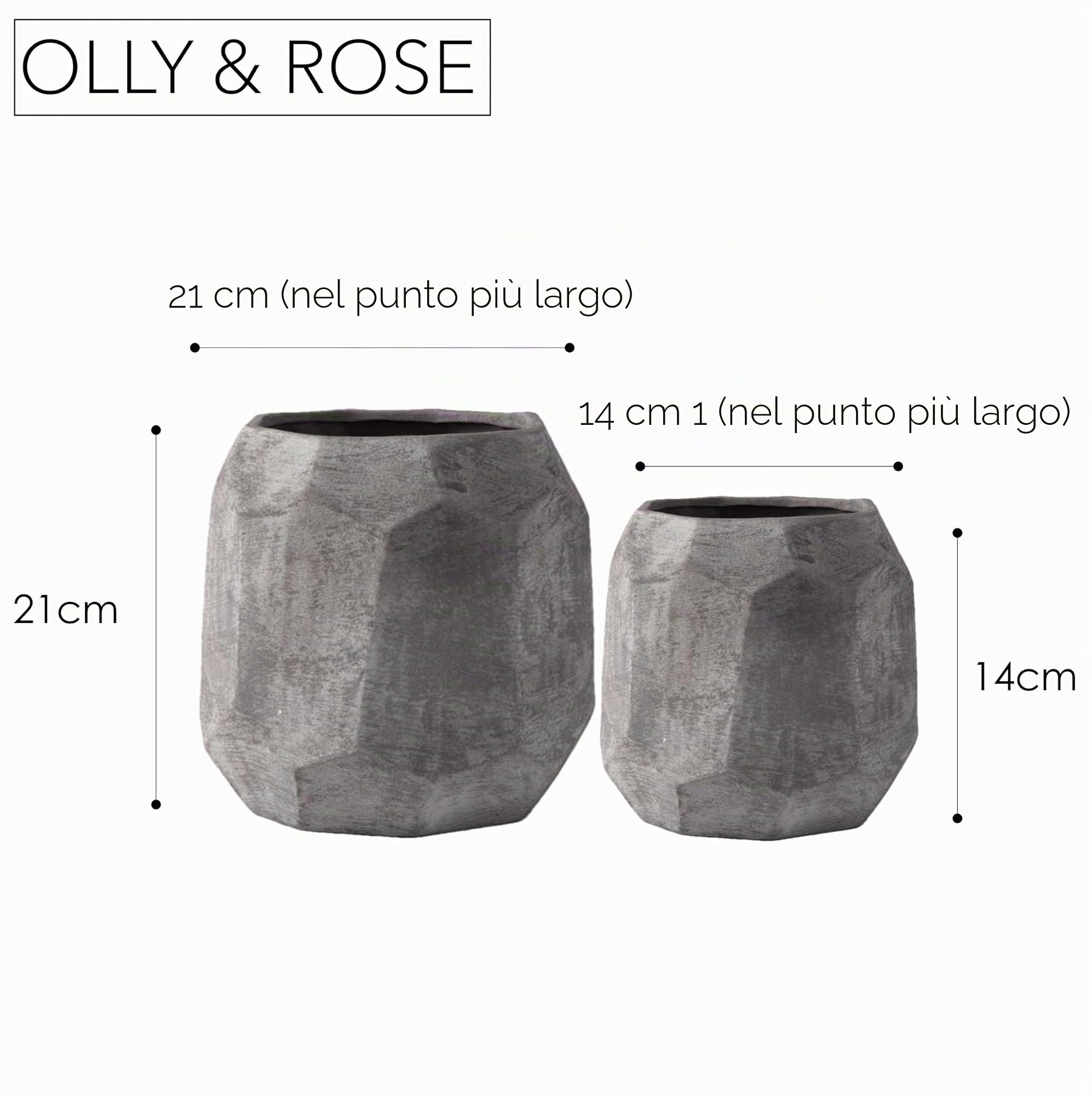Olly & Rose Leon - Set di 2 vasi per piante geometriche in ceramica, effetto sabbia, grigio scuro, diametro 21 cm e 14 cm, grandi vasi per piante da esterno e interno, fioriere grigie, vasi da fiori