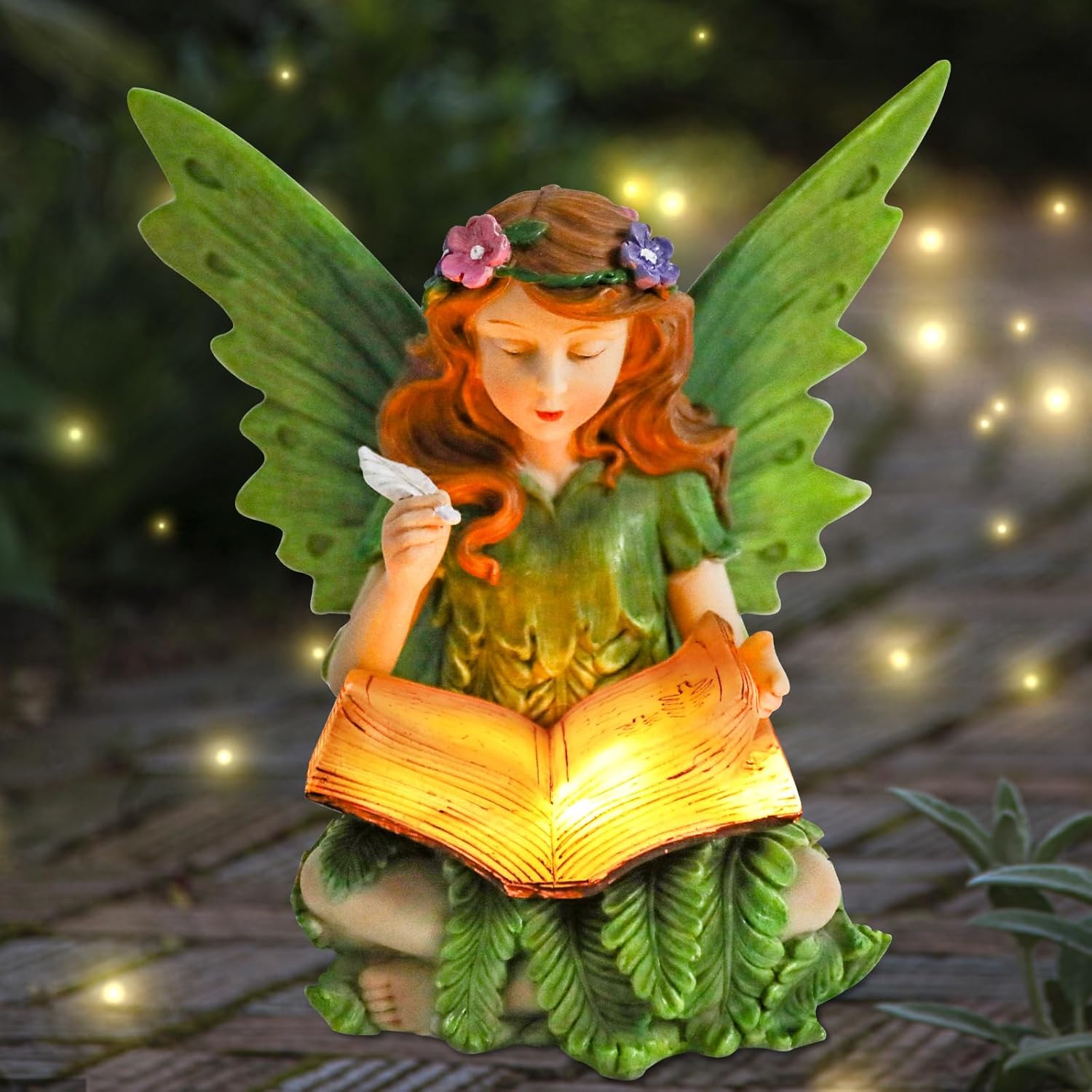 Afirst Solar Garden Fairy Statue, Green Fairy Solar Light Outdoor Resin Statues Figurine Light, Angel Reading Book Sculpture Solar Light for Outside Patio Garden Yard Lawn Decor