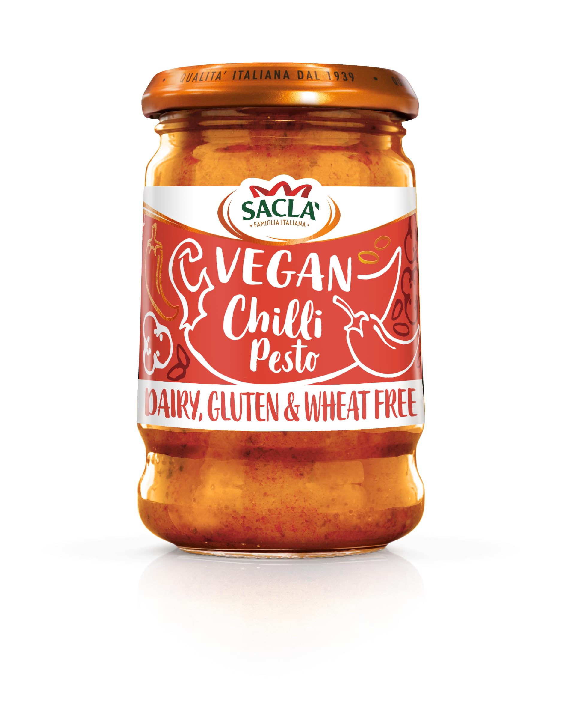 Sacla' Italian Vegan Fiery Chilli Pesto, Dairy, Gluten & Wheat Free, 190 g, (Pack of 1)