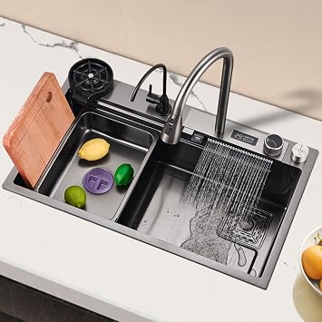 Kitchen Sink,304 Stainless Steel Nano Digital Display Flying Rain Waterfall Sink,with Pull-Out Faucet, Pressurized Cup Washer, Home Sink Vegetable Basin Single Sink (Color : Black Grey-A, Size : 75