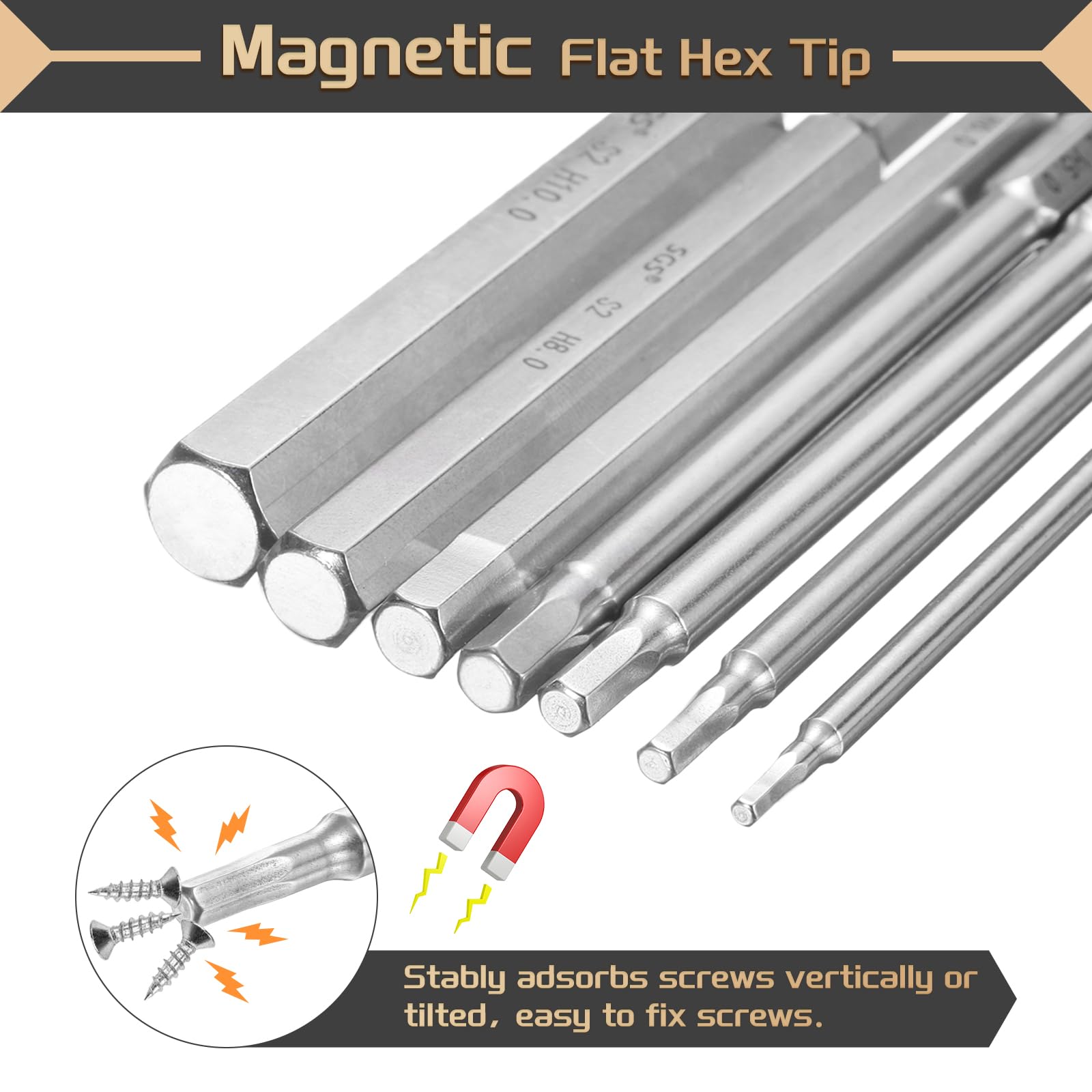 QUARKZMAN 5Pz Punte Cacciavite Esagonale Piatta 5mm (H5) Gambo Esagonale da 1/4" Lunga 200mm (8") Magnetiche Professionali in Acciaio S2 Punta Inserti per Avvitatore a Cava Metrica Chiave
