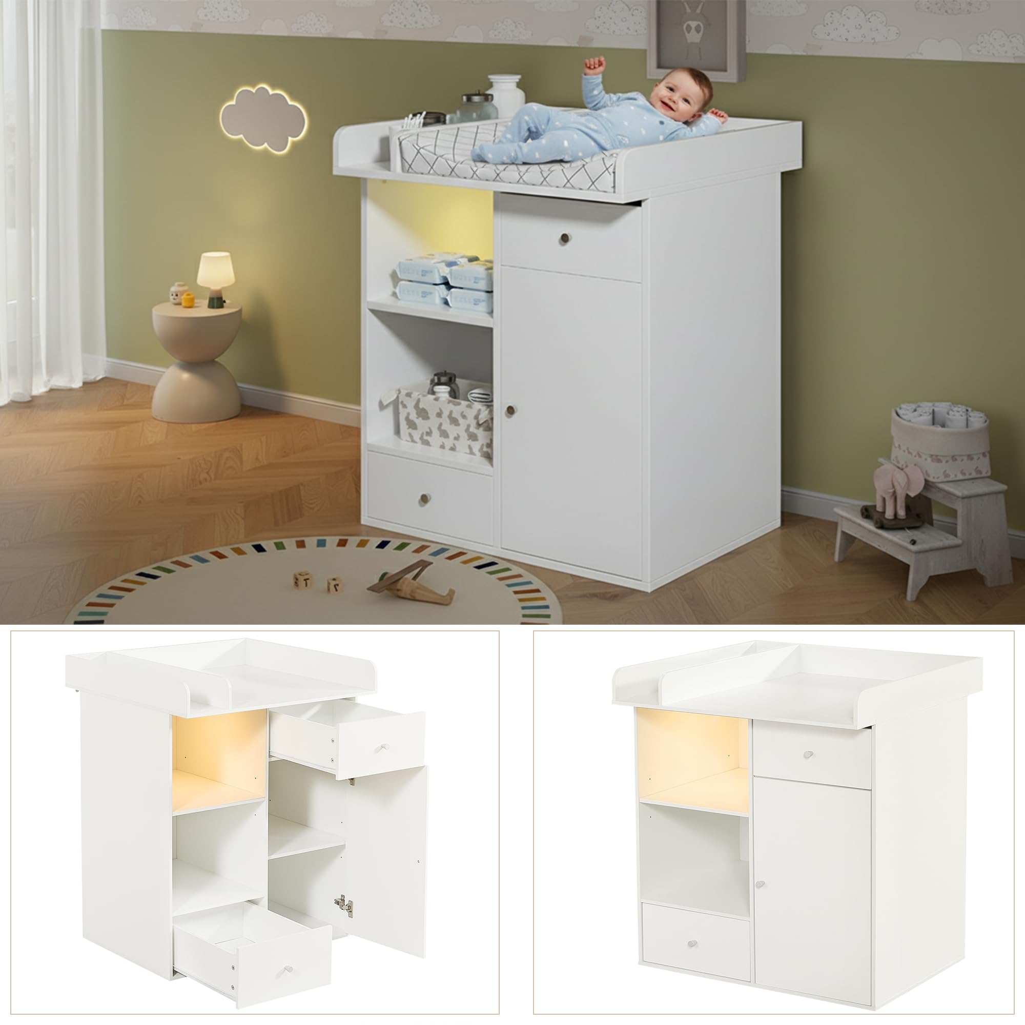 Gecheer Wickelkommode, verstellbare LED (Farbe & Helligkeit), 2 Schubladen, offene Regale, abschließbare Tür, Wickelplatz mit erhöhten Trennwänden, für Babyzimmer