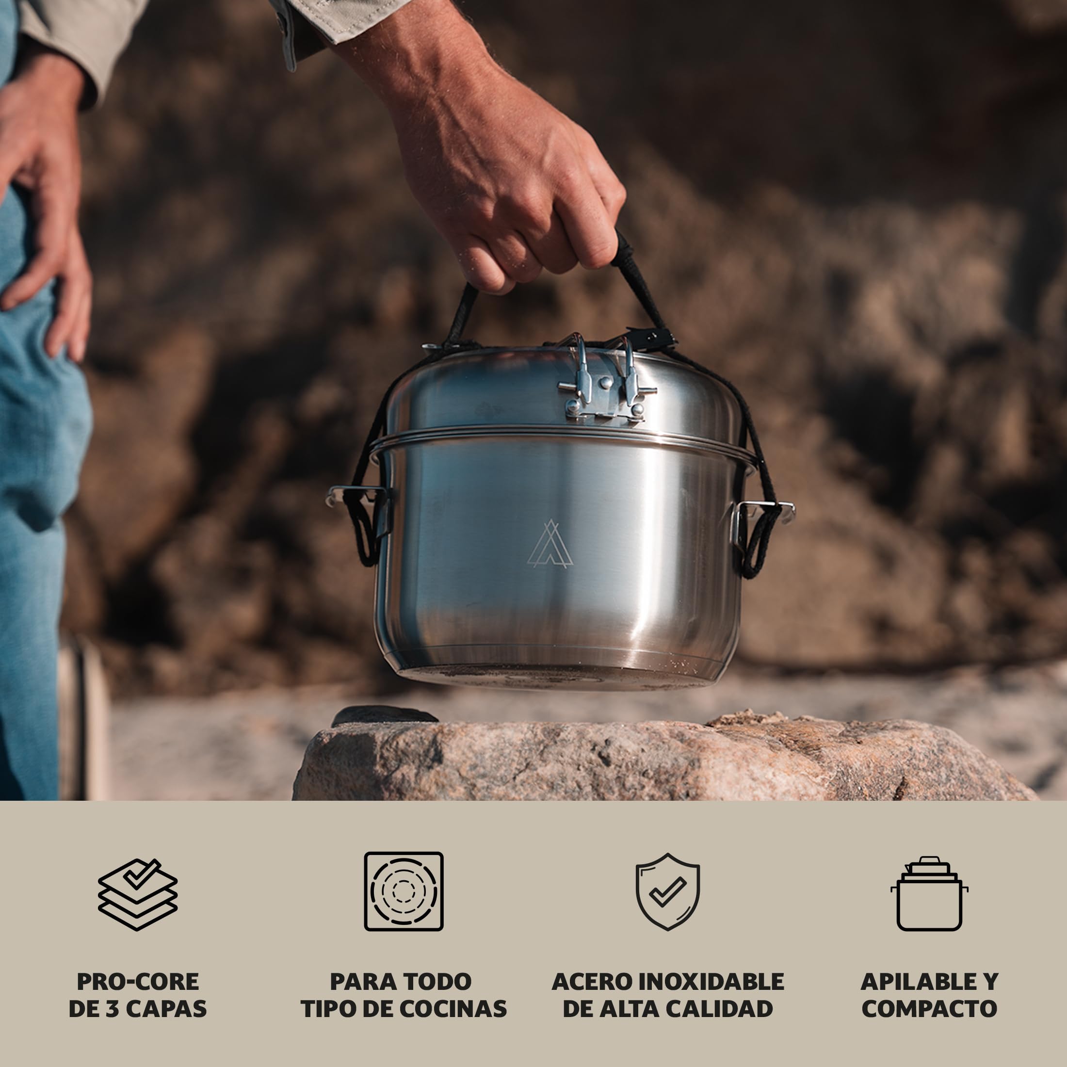 Campo Libre.® Enzo Juego de Cocina Camping – Ollas y Sartenes Acero Inoxidable, Duradero HexaGuard ProCore, Diseño Compacto y Apilable, Bateria de Cocina para Camping Gas, Inducción, Vitro, 6 Piezas