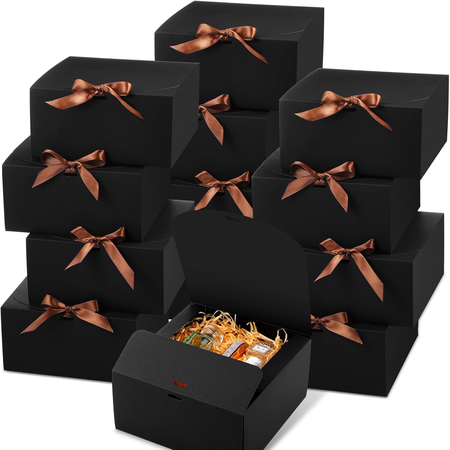 Chinco 12 cajas de regalo negras con tapas de 8 x 8 x 4 pulgadas, caja de propuesta de dama de honor con cinta para boda, despedida de soltera,