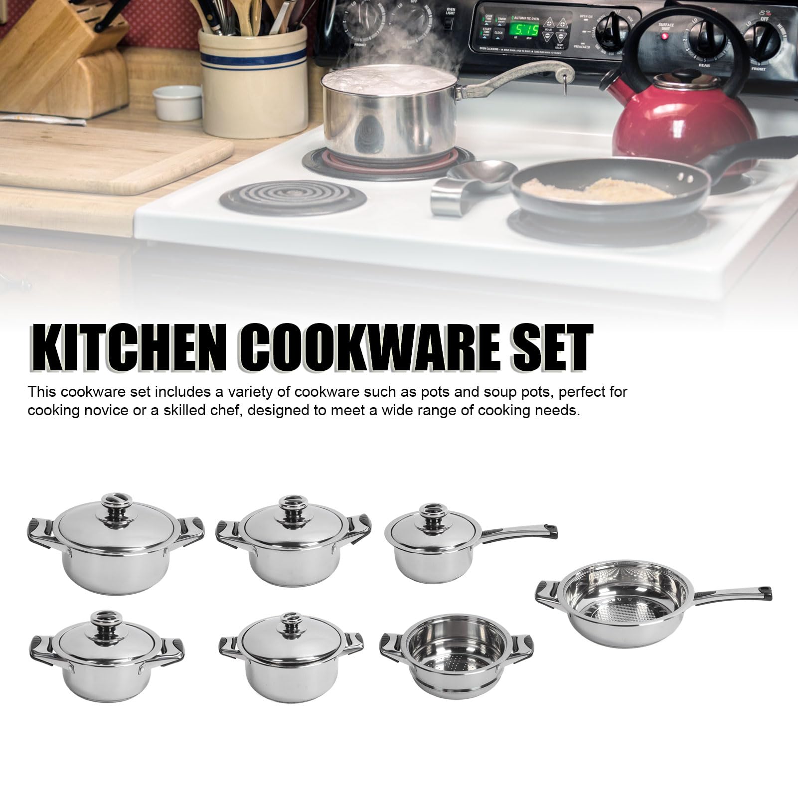 Ejoyous Juego de Utensilios de Cocina de Acero Inoxidable, Juego de Ollas de Acero Inoxidable de 7 Piezas con Conducción de Calor Uniforme, Ollas, Sartenes, Olla, Rejilla de para Principiantes en la