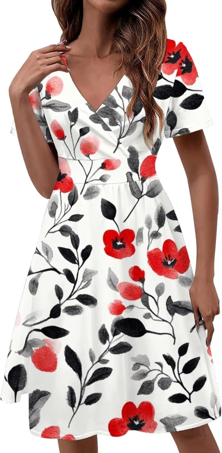 Easter Dress for Women 2025 Floral Print Short Sleeve V Neck A Line Empire Waist Ca...