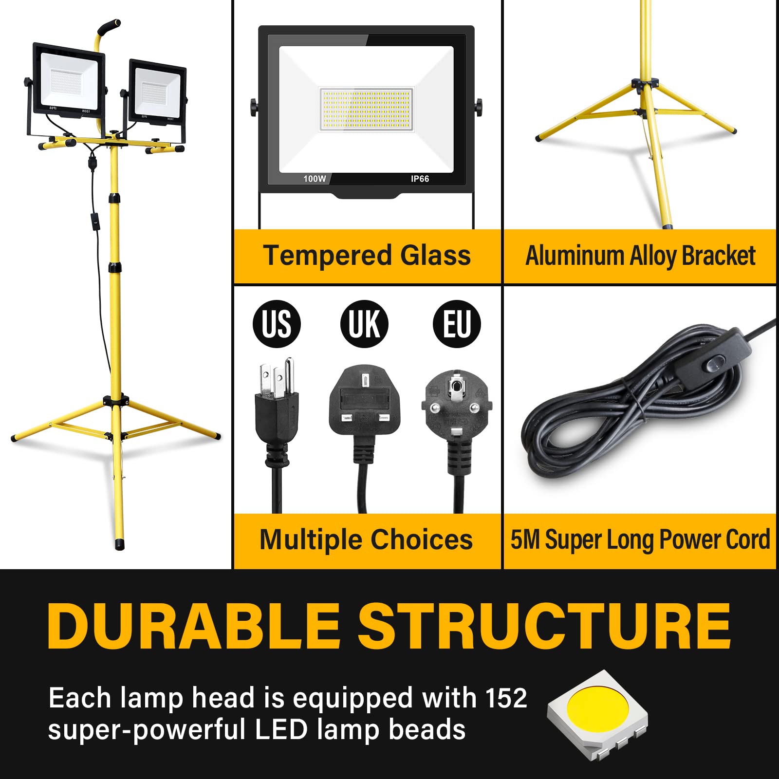 LED Baustrahler Arbeitsstrahler mit Stativ 2x100W, Willpower LED Strahler 20000lm Fluter Scheinwerfer Teleskopisch Tripod-Ständer Baulampe Wasserdicht LED Arbeitsleuchte 5M Kabel für Werkstatt