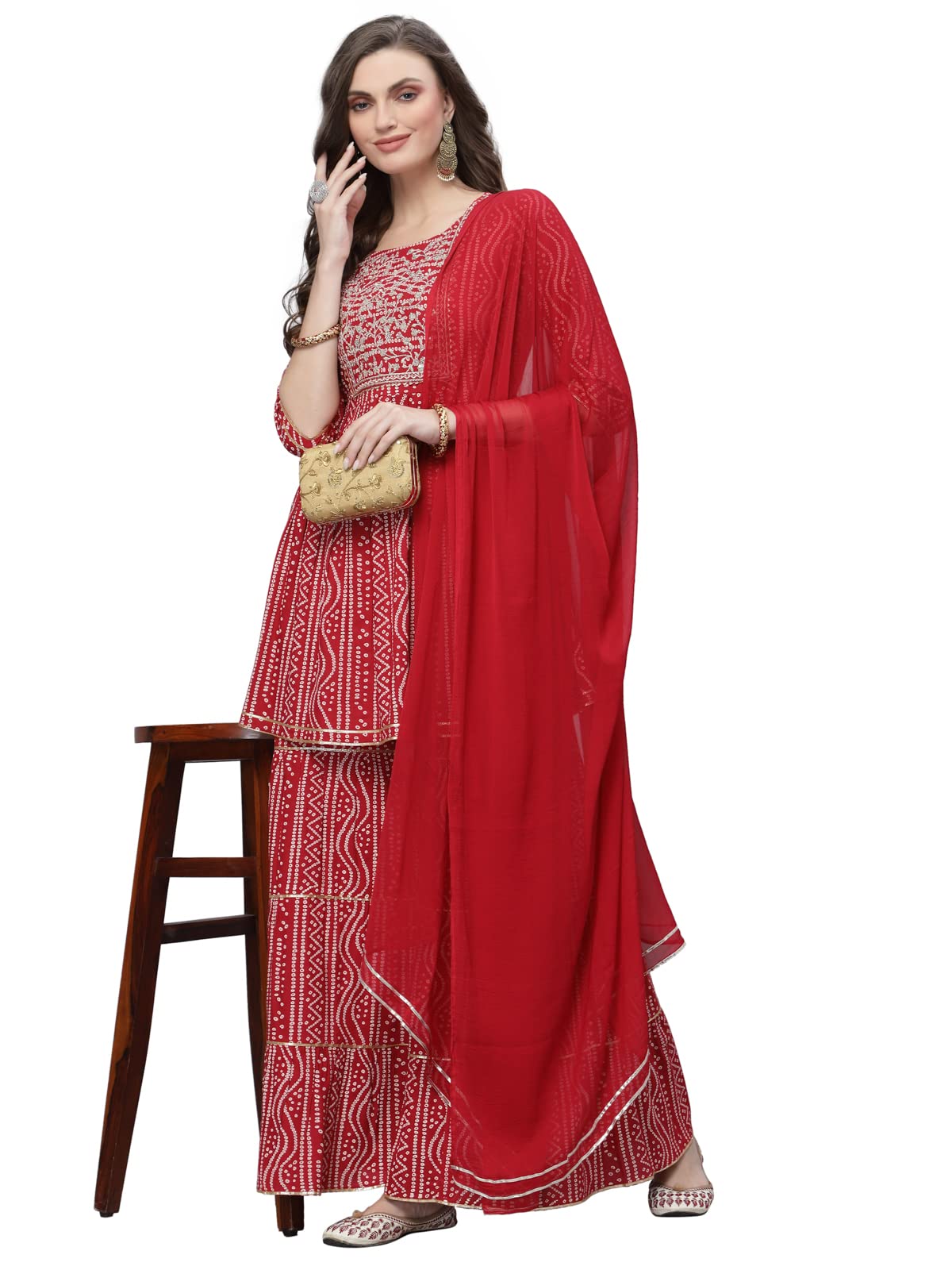 Stylum Women's Bandhej Printed & Embroidered Kurta Sharara Dupatta Set (Red)