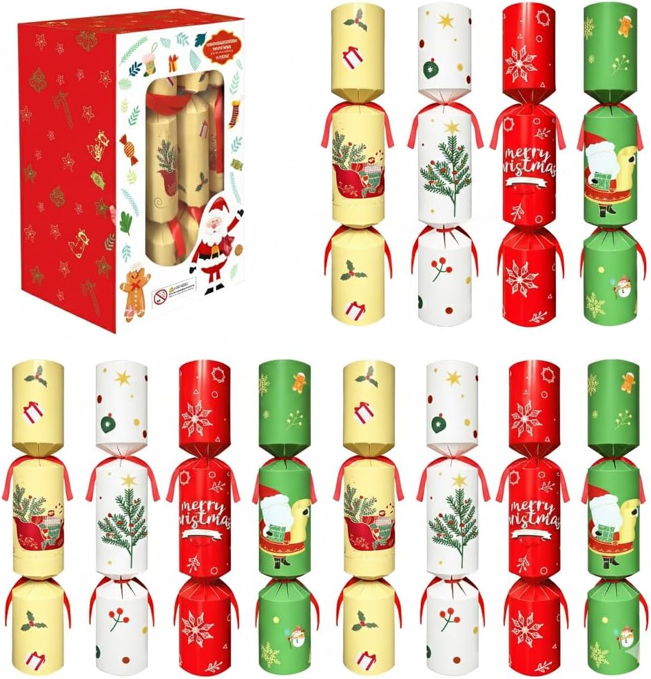 12-Pack Christmas Crackers Non-Snap – Holiday Party Favors with Hat, Joke & Surprise Gift Inside, Christmas Table Decorations for Family Dinner