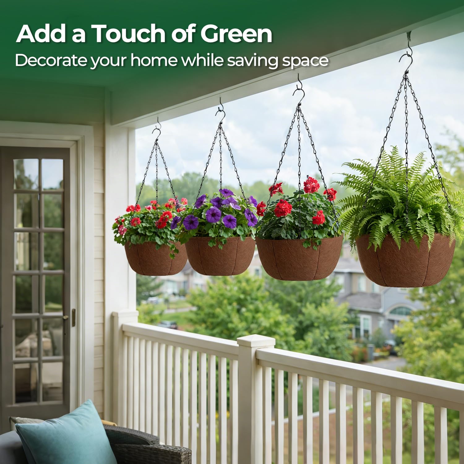 T4U Hanging Baskets Outdoor 4 Pack 30.5cm, Breathable Fabric Hanging Plant Pot with Tray to Catch Excess Water, Hanging Planter with Rustproof Chains for Growing Flowers & Plants Patio Porch Garden — view 6
