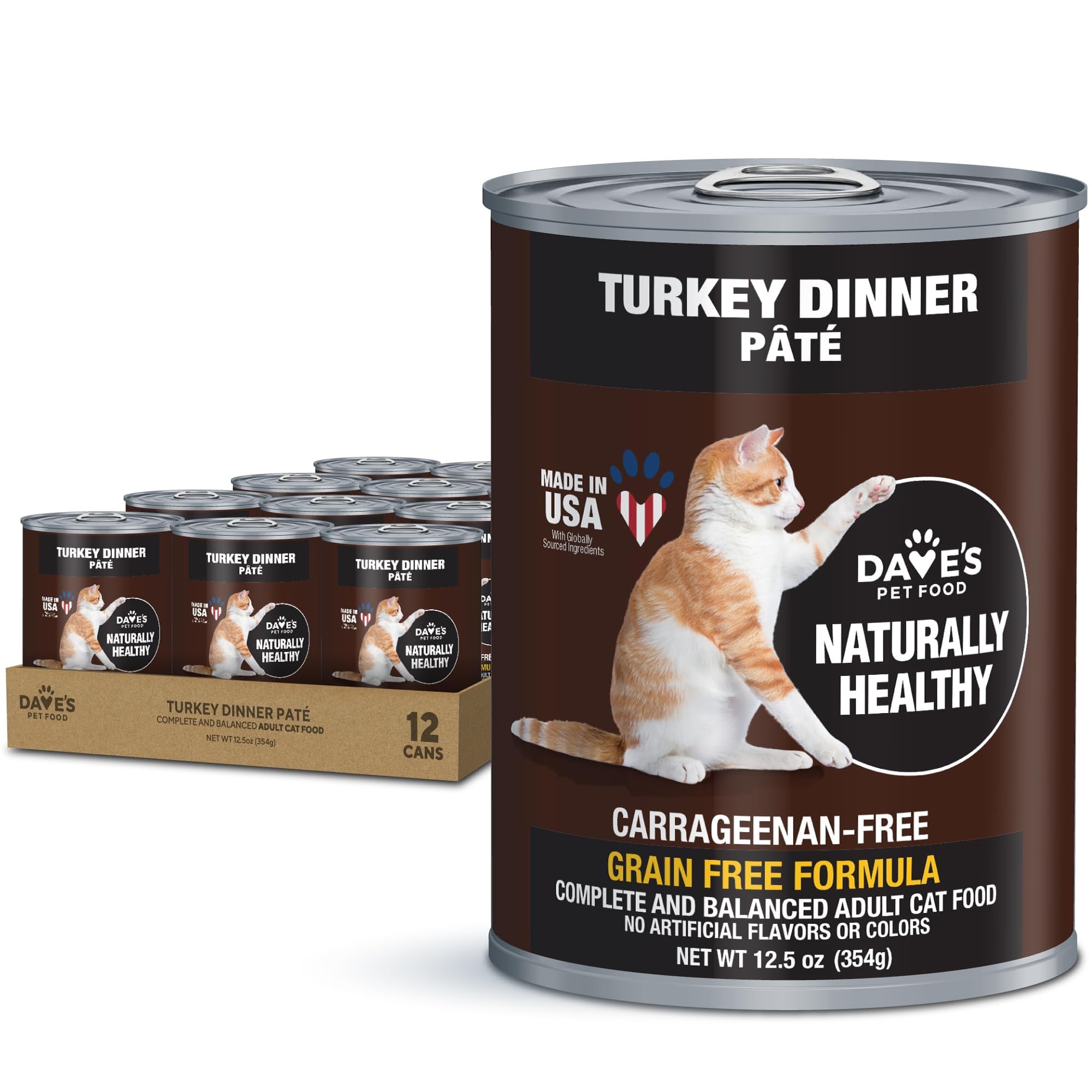 Dave's Pet Food Grain Free Wet Canned Cat Food (Turkey), Made in USA Naturally Healthy, Added Vitamins & Minerals, Gluten-Free, 12.5 oz Cans (12 Pack)