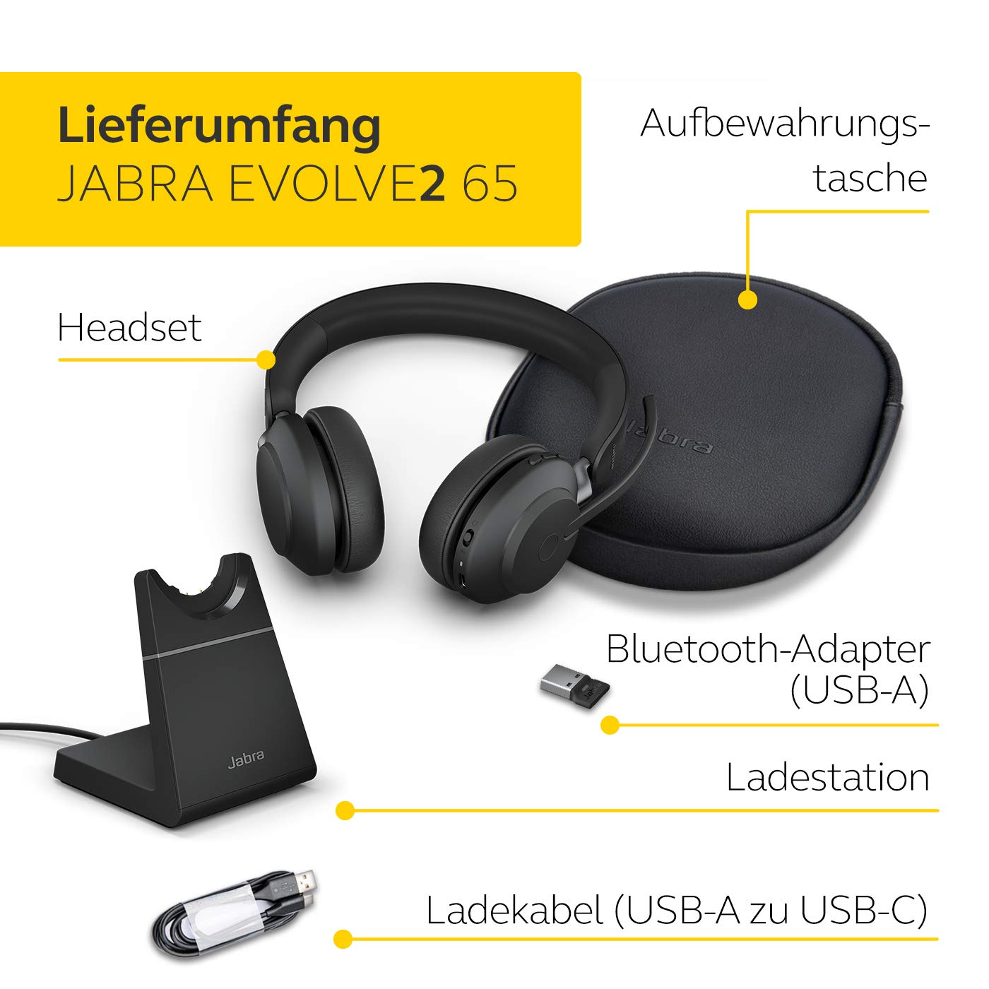 Jabra Evolve2 65 Wireless PC Headset with Charging Stand – Noise Cancelling UC Certified Stereo Headphones with Long-Lasting Battery – USB-A Bluetooth Adapter – Black