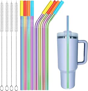 Stainless Steel Straw Replacement Fits for Stanley Adventure Travel Tumbler and Simple Modern 40 oz Tumblers - 8 Reusable Metal Straws with Silicone Tips and 4 Cleaning Brushes (Rainbow)