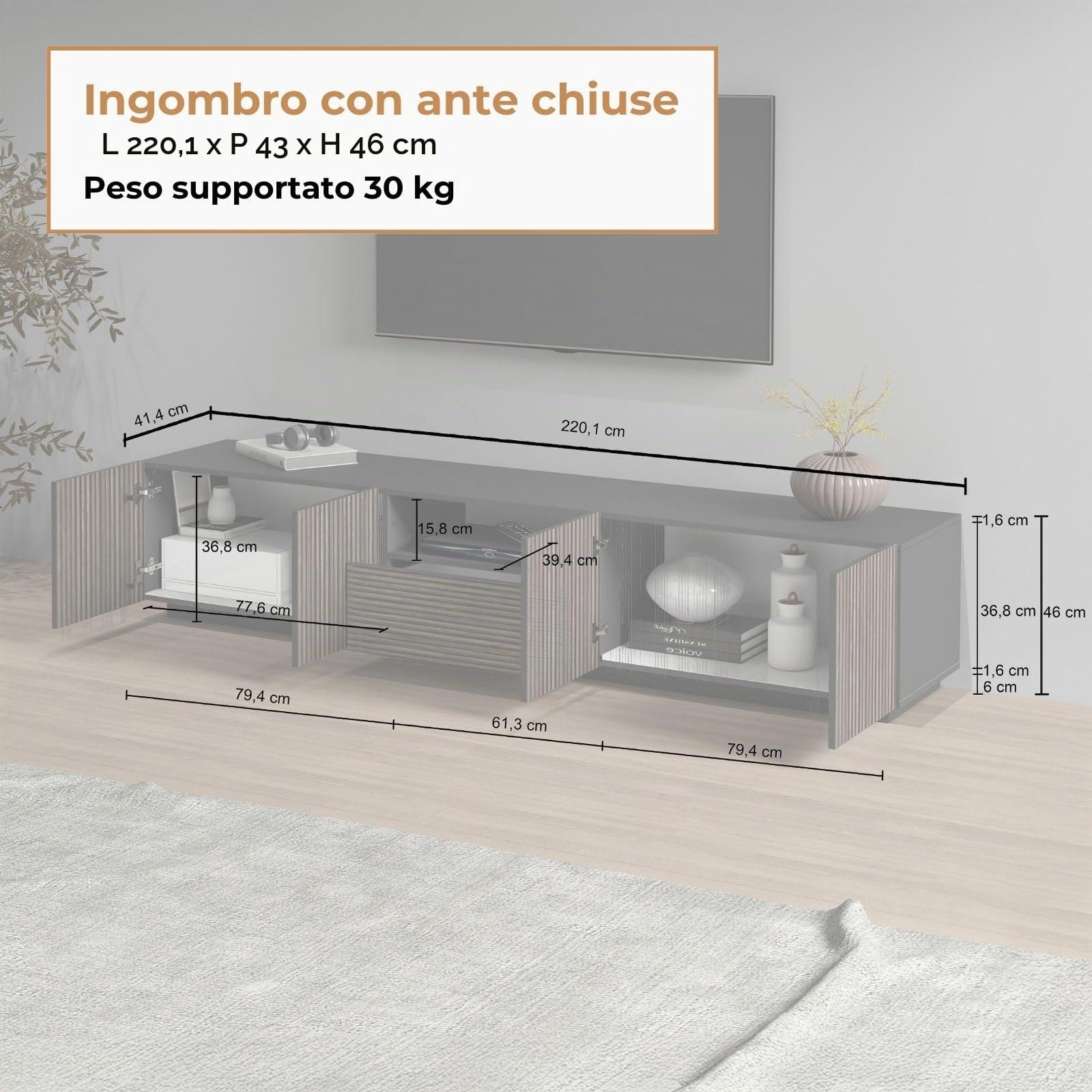 WHOUS Mobile Porta TV COSTE per Soggiorno con 4 Ante e 1 Cassetto, Mobile Tv in Stile Canneté per Salotto in Legno, 220,1x43x46 cm, Antracite Opaco e Legno Scuro