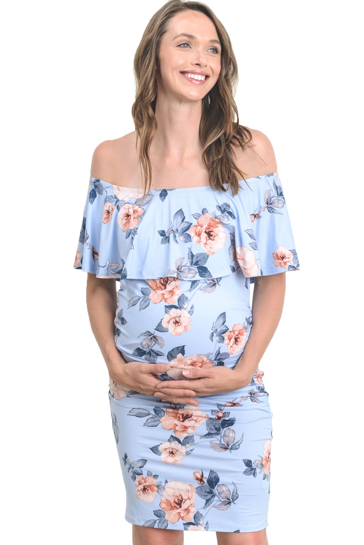 HELLO MIZWomen's Floral Ruffle Off Shoulder Maternity Dress - Made in USA