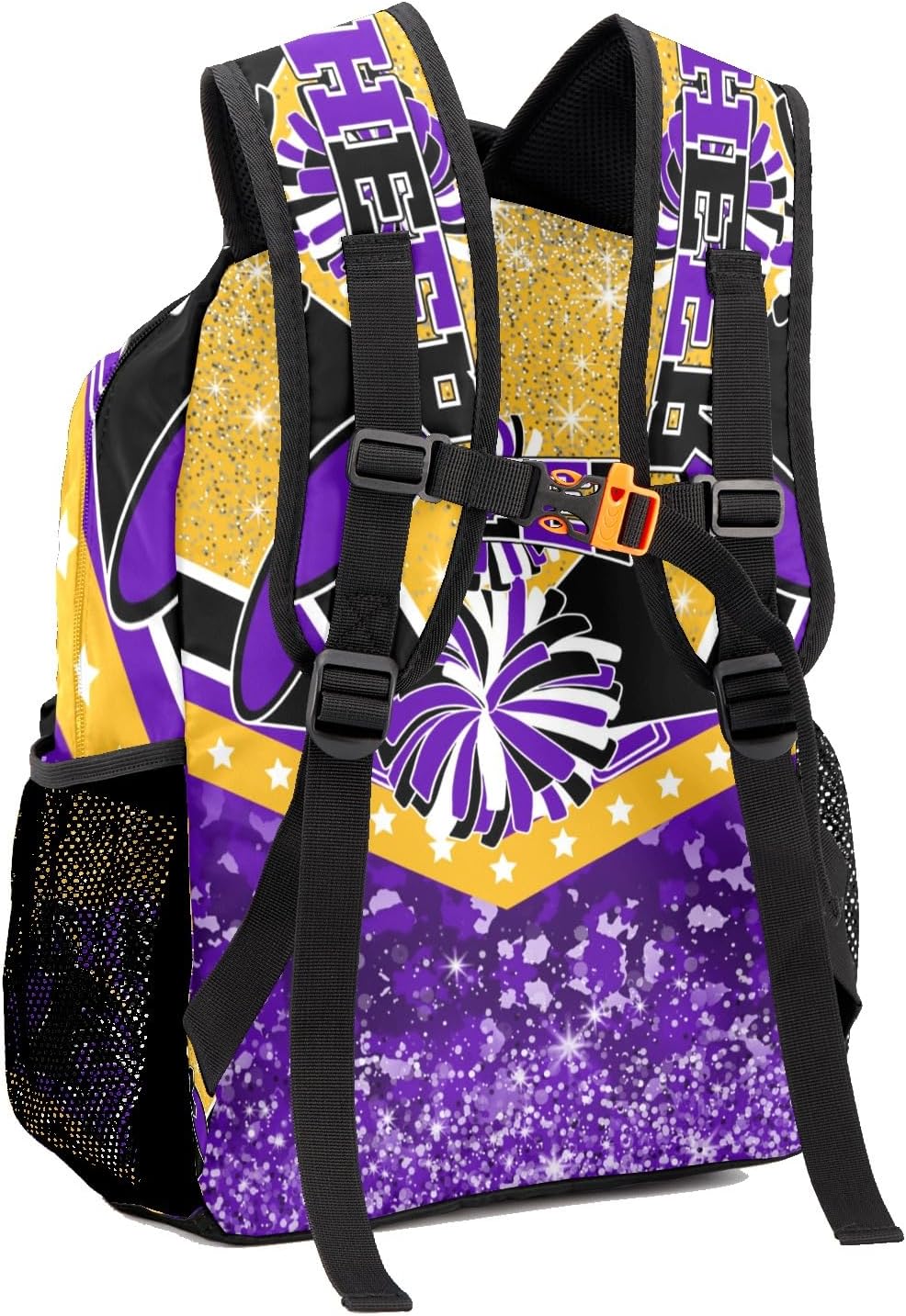 Cheer Purple Gold Cheerleader Custom Multifuction Waterproof Backpack with Name Shoulders Bookbag for Birthday Holiday Gift