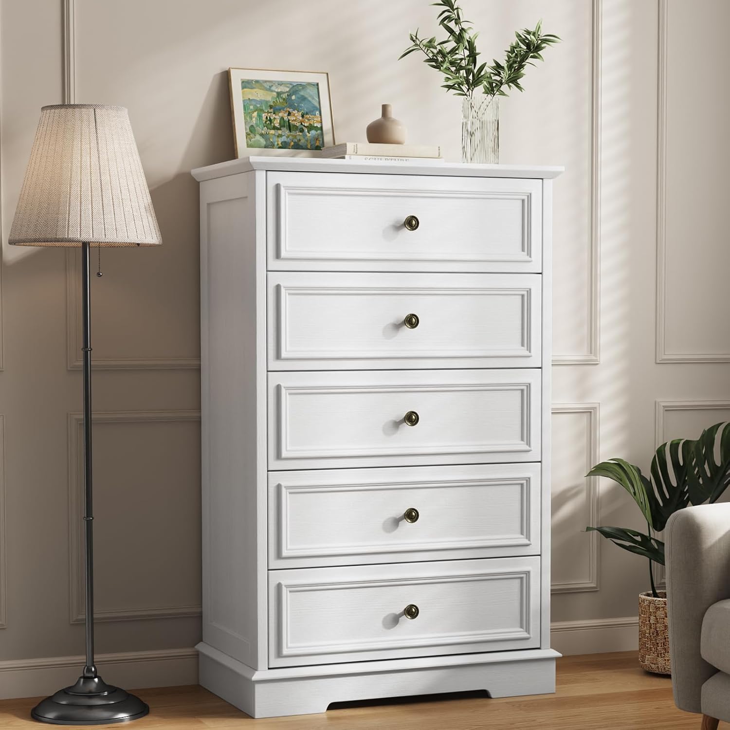 White Dresser for Bedroom, 44" Tall 5 Drawer Dresser, Wooden Chest of Drawers with Large Storage, Vertical Dressers for Closet, Living Room, Hallway