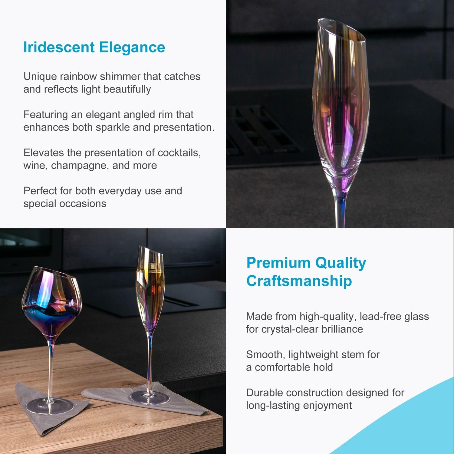Intirilife 6x Flûte à Champagne avec bord moderne et reflets arc-en-ciel - 150 ml de contenance - Flûte à champagne Prosecco Verre cristal résistant au lave-vaisselle antichoc