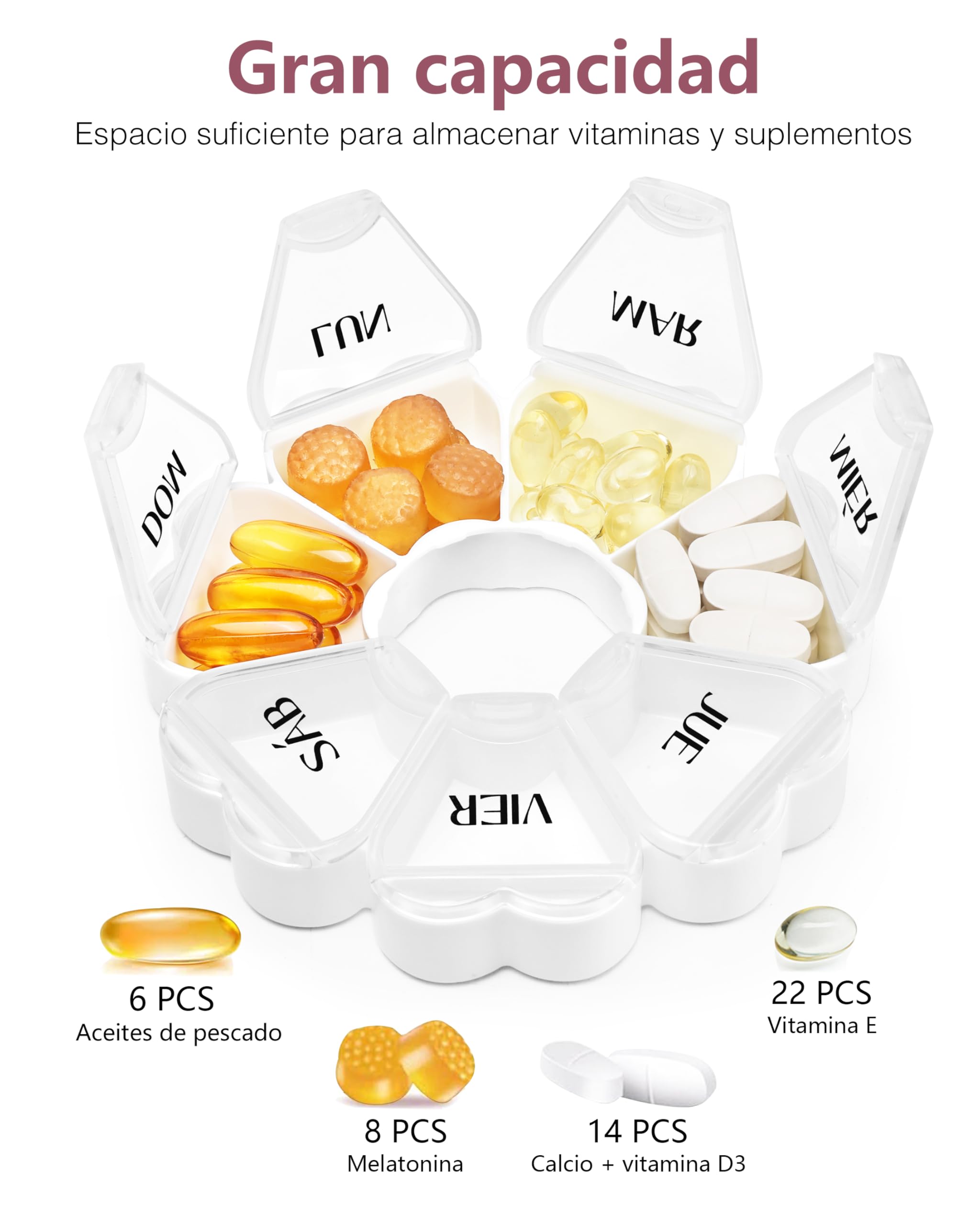 FHORAIN Pilulier rond en forme de cœur avec 7 grands compartiments pour la semaine, organisateur de vitamines (blanc)