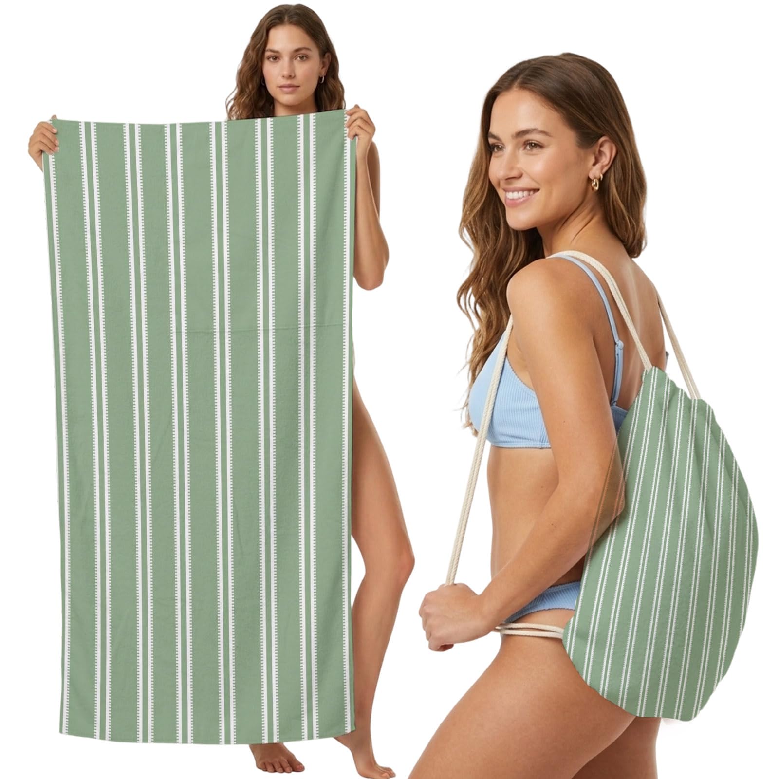 Beach Towel Bag 2 in 1 Sage Green Vertical Striped Bath Pool Towels Backpack Pinstripes Lines Absorbent Beach Towel Soft Quick Dry Lightweight Packable Towels Drawstring Bag for Travel Sports Yoga