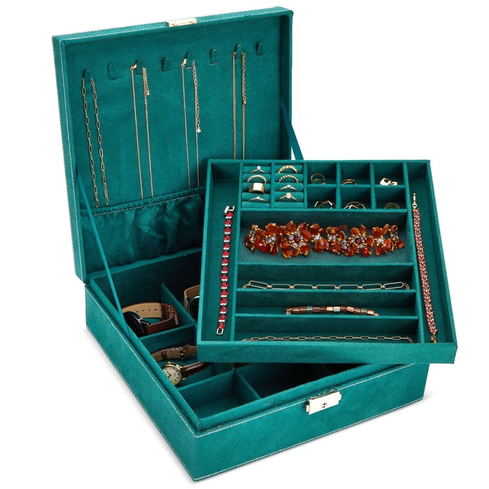 Green Velvet Jewellery Display Box Organiser with 2 Layers (10.5 x 10.5 x 3.5 In)