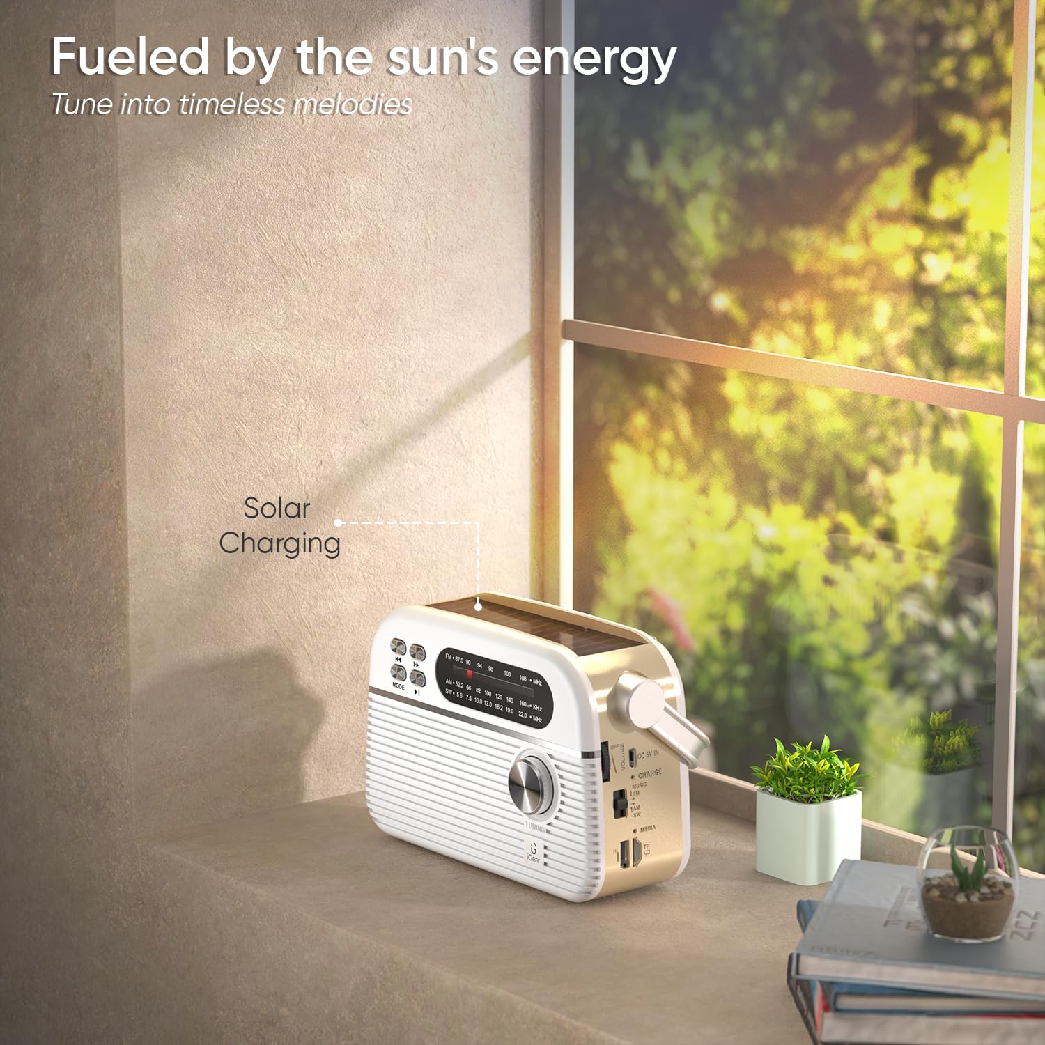 iGear Trinity radio placed near a window, with sunlight shining on its top-mounted solar panel, indicating solar charging.