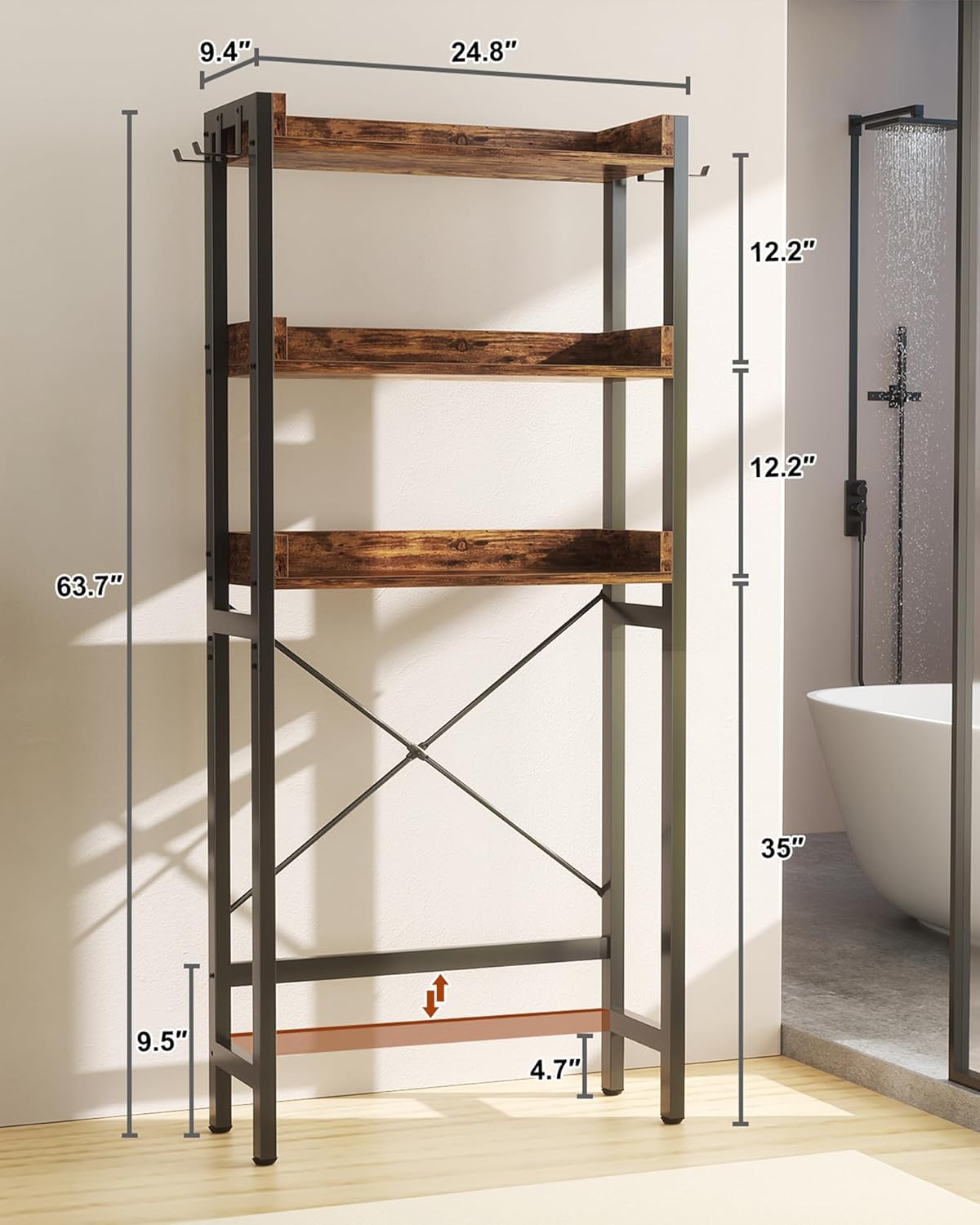 Ecoprsio Over-The-Toilet Storage Rack, 3-Tier Bathroom Organizer Shelf Over Toilet, Freestanding Space Saver Toilet Stands with 4 Hooks, Rustic Brown - Image 3