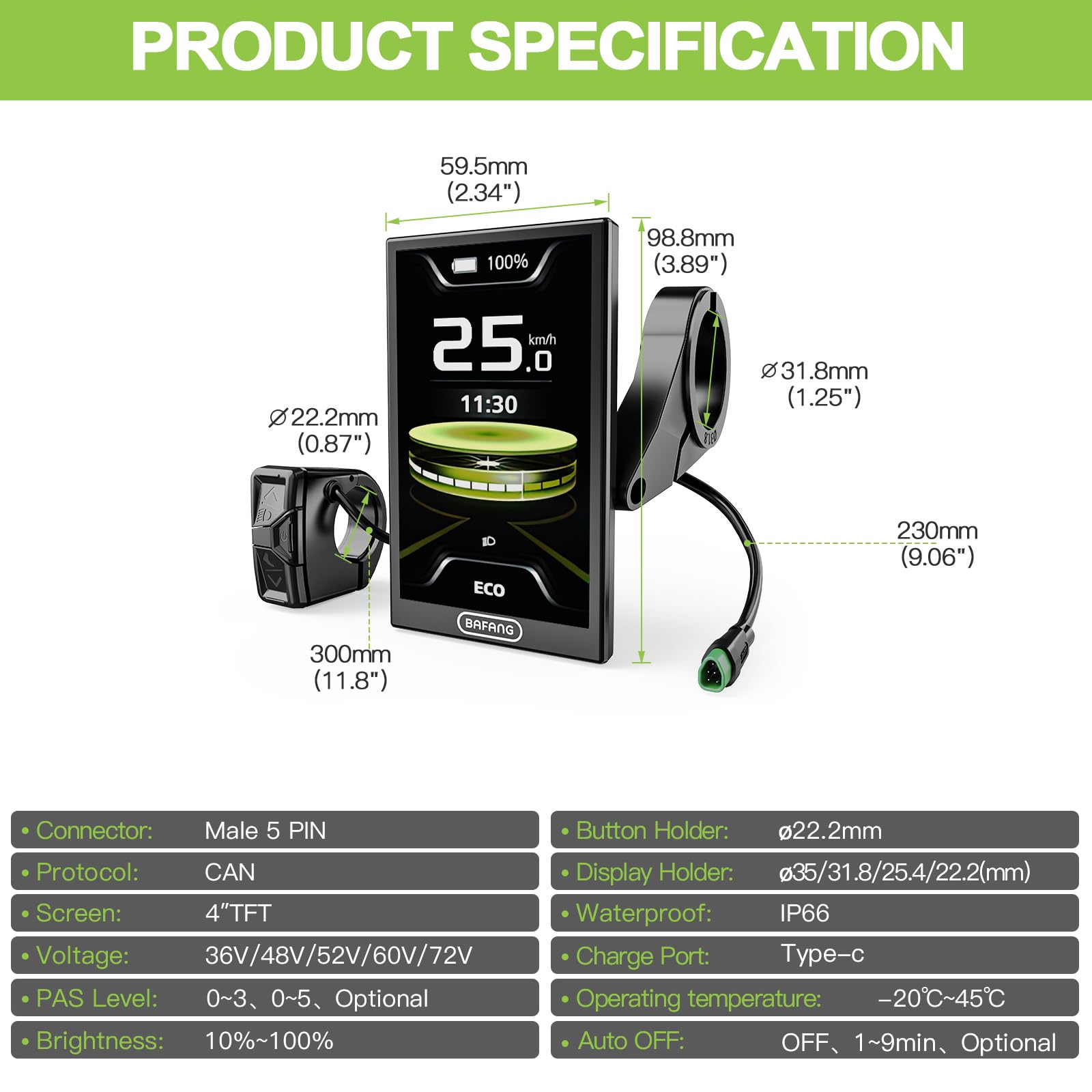 Pantalla BAFANG DPC010 : Compatible con motores centrales M200 M400 M500 M600 M620 y con las versiones más recientes de los kits de motor BBS01B, BBS02B y BBS-HD con protocolo CAN (conector triangular