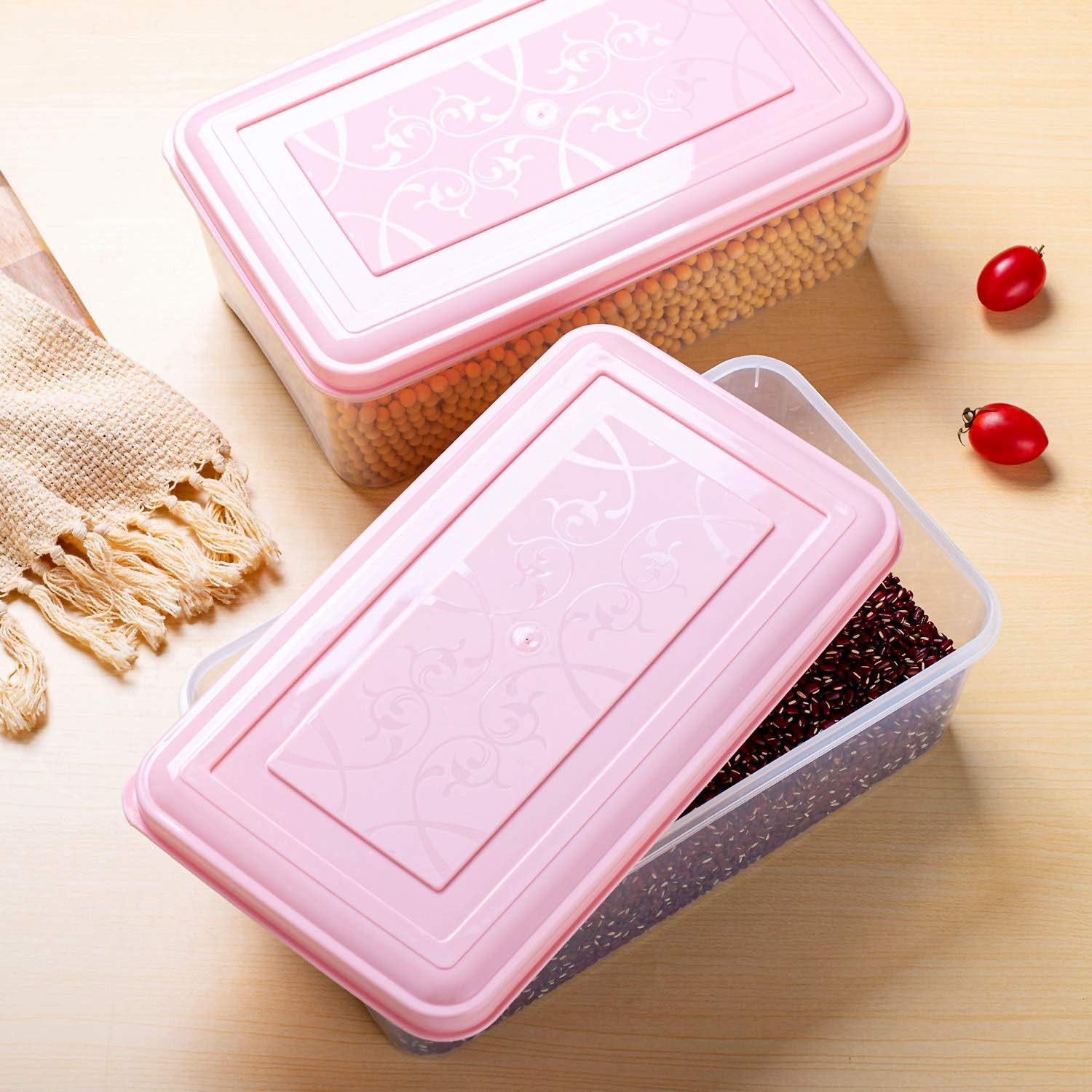 Plastic Storage Food Bins 2 Pack, 4.5 Quart Plastic Storage Containers with Lids, Stackable Plastic Organizer Boxs, Plastic Pantry Bins for Refrigerator, Freezer, Kitchen, Cabinets, Bedrooms（ Pink ）