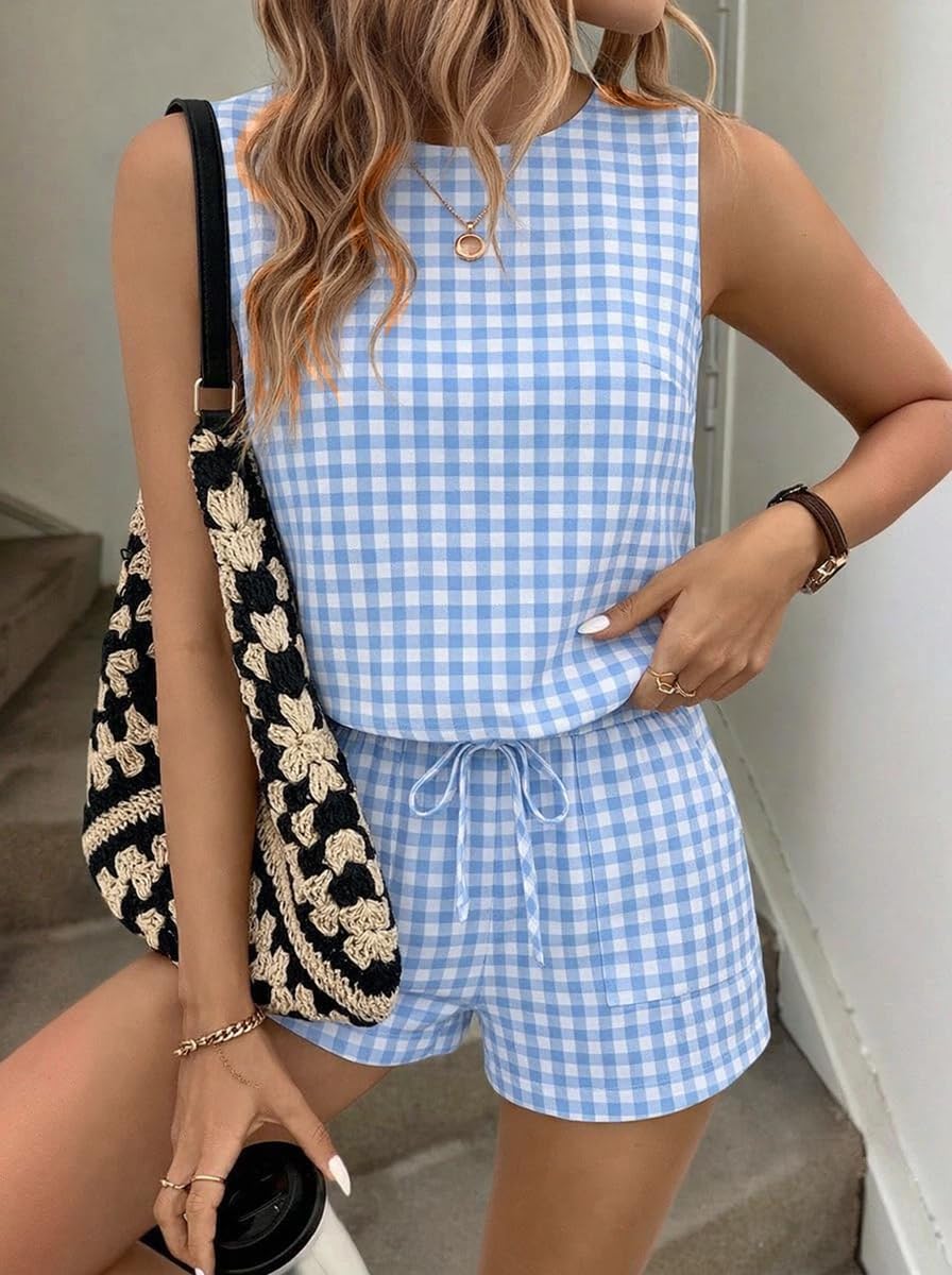 IDEALSANXUN Womens Gingham Two Piece Sets Spring Summer Beach Vacation Outfits Pajama Sets