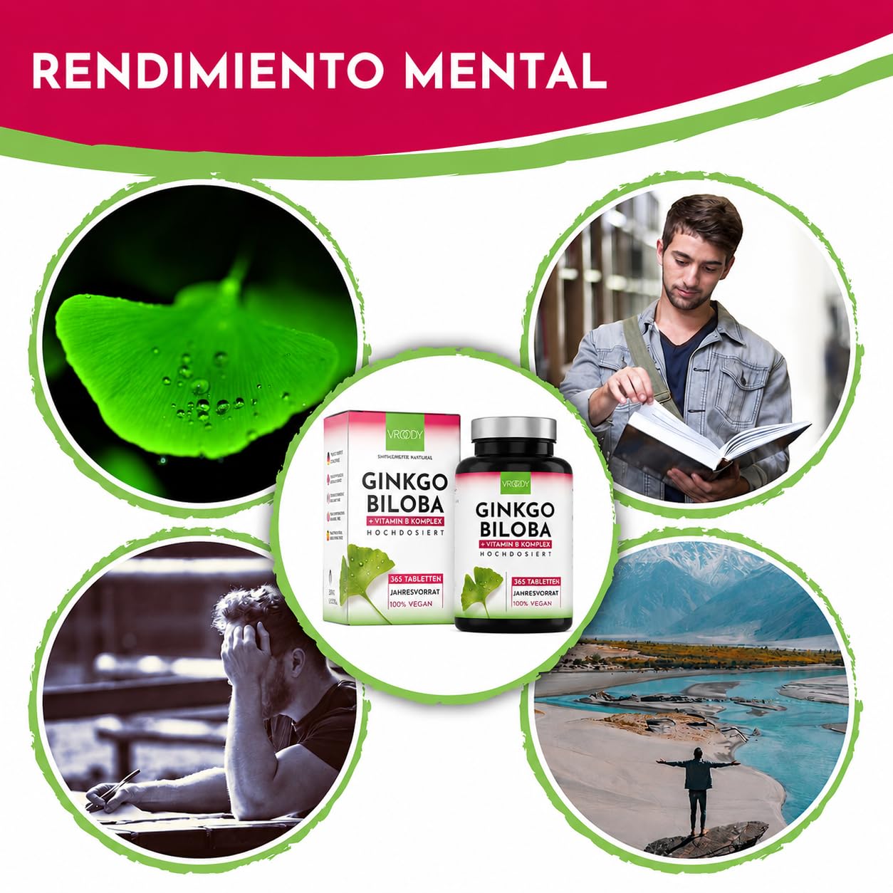VROODY Ginkgo Biloba Vegano 6000mg Alta Dosis con Complejo de Vitaminas B | Ayuda a Reducir el Cansancio y la Fatiga | 365 Mini Comprimidos Fáciles de Tragar | Suministro para 1 Año