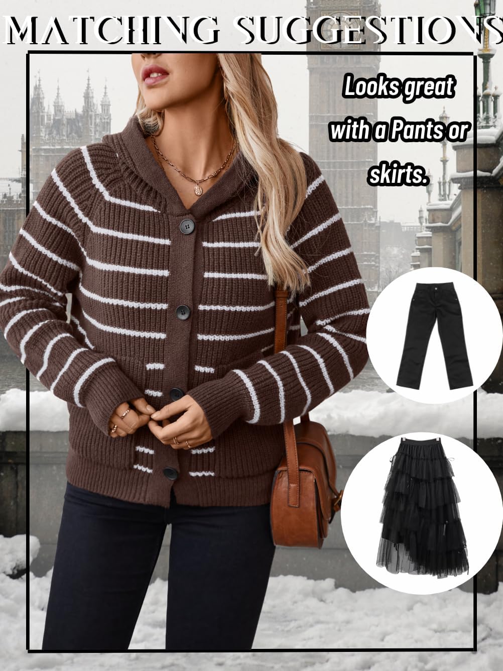 Women's Striped Hooded Cardigan, Chunky Ribbed Knit Button Up Preppy Sweater with Pockets - Image 6