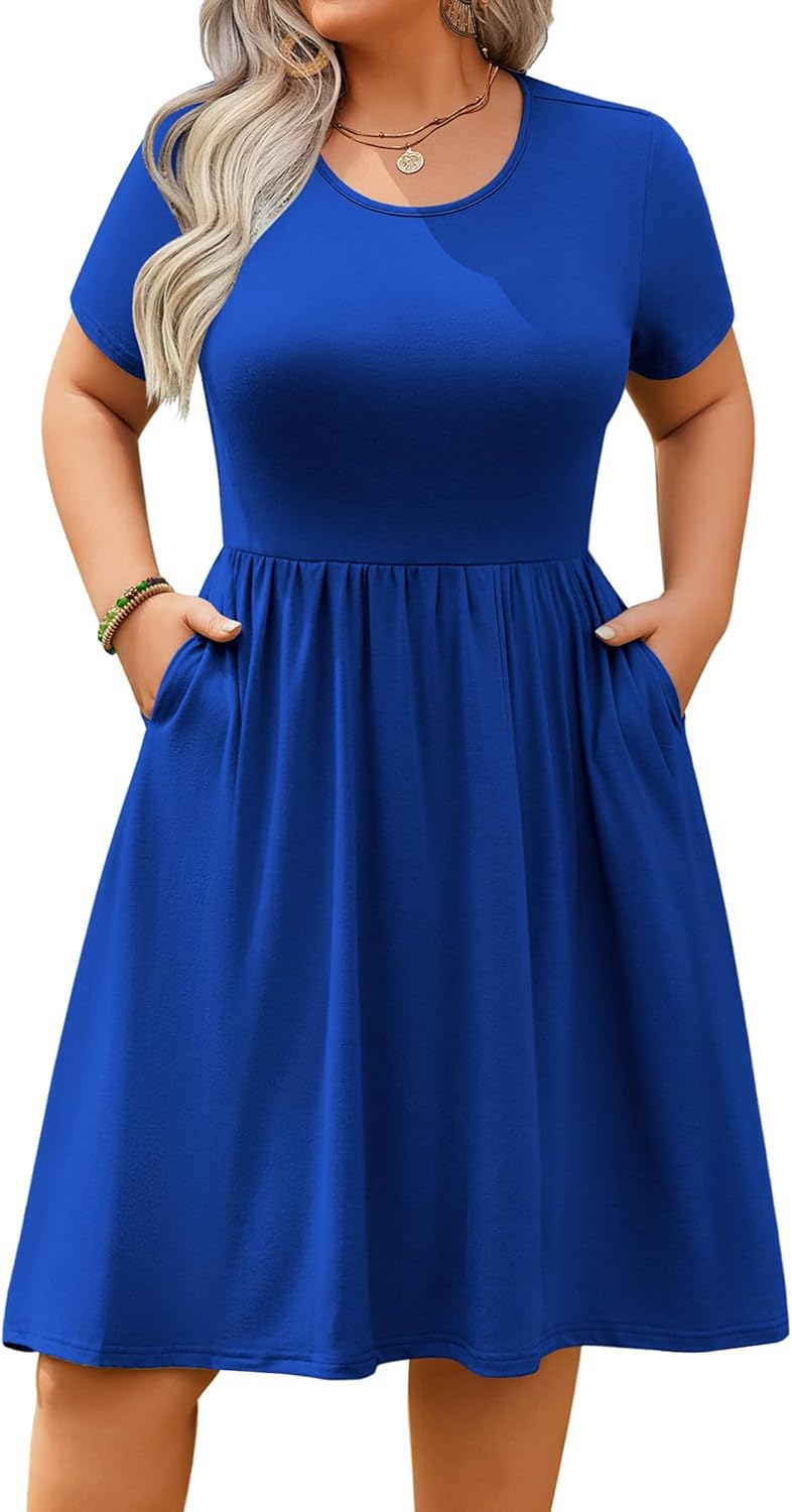 IN'VOLAND Womens Plus Size Summer Dress Short Sleeve Casual Mini Dresses Empire Waist T-Shirt Dress with Pockets