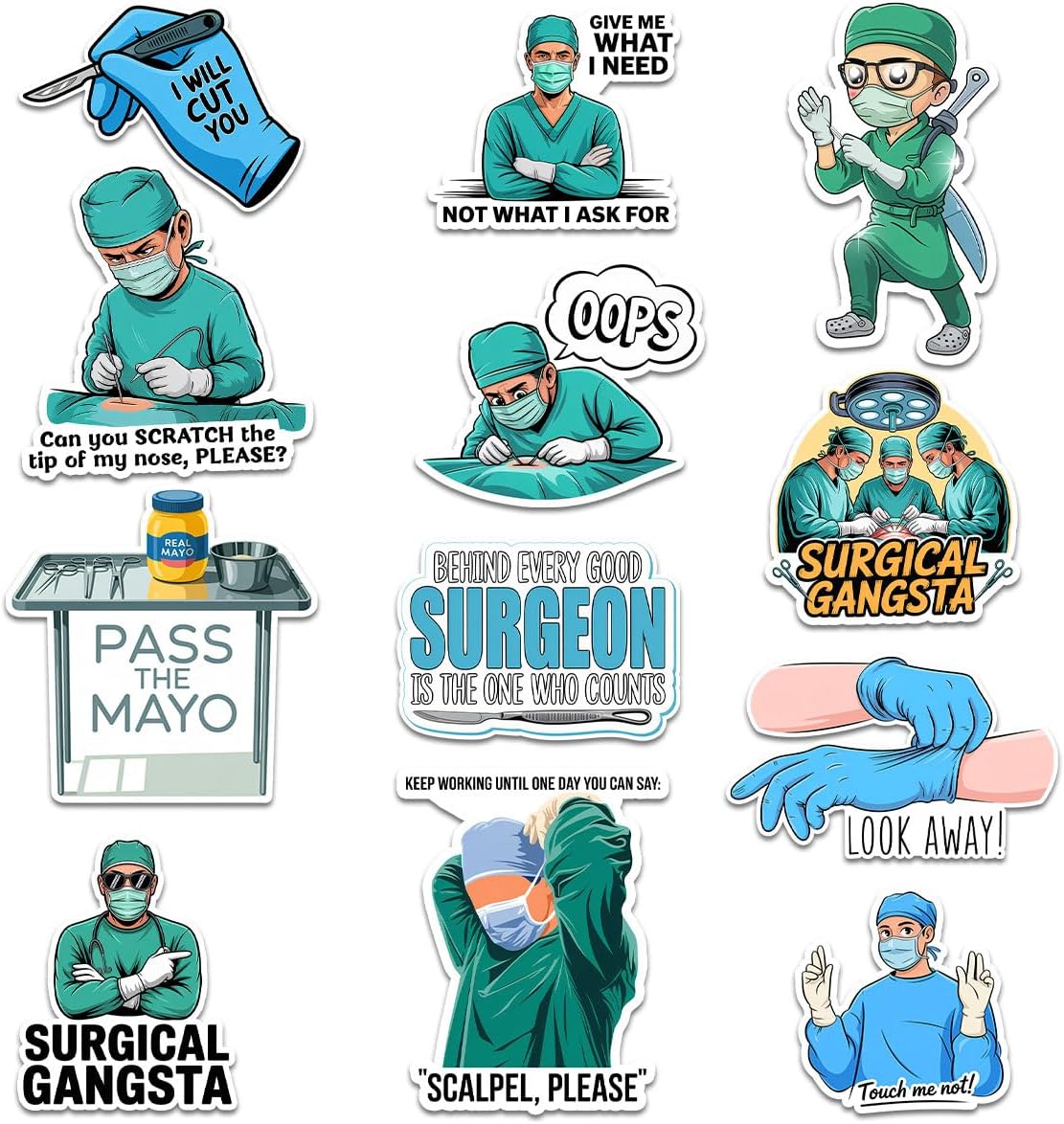 12 Pcs Funny Surgeon Stickers, Surgical Gangsta Vinyl Decals with Scalpel Quotes, Operating Room Humor, Waterproof Medical Stickers for Laptops, Water Bottles & Healthcare Workers