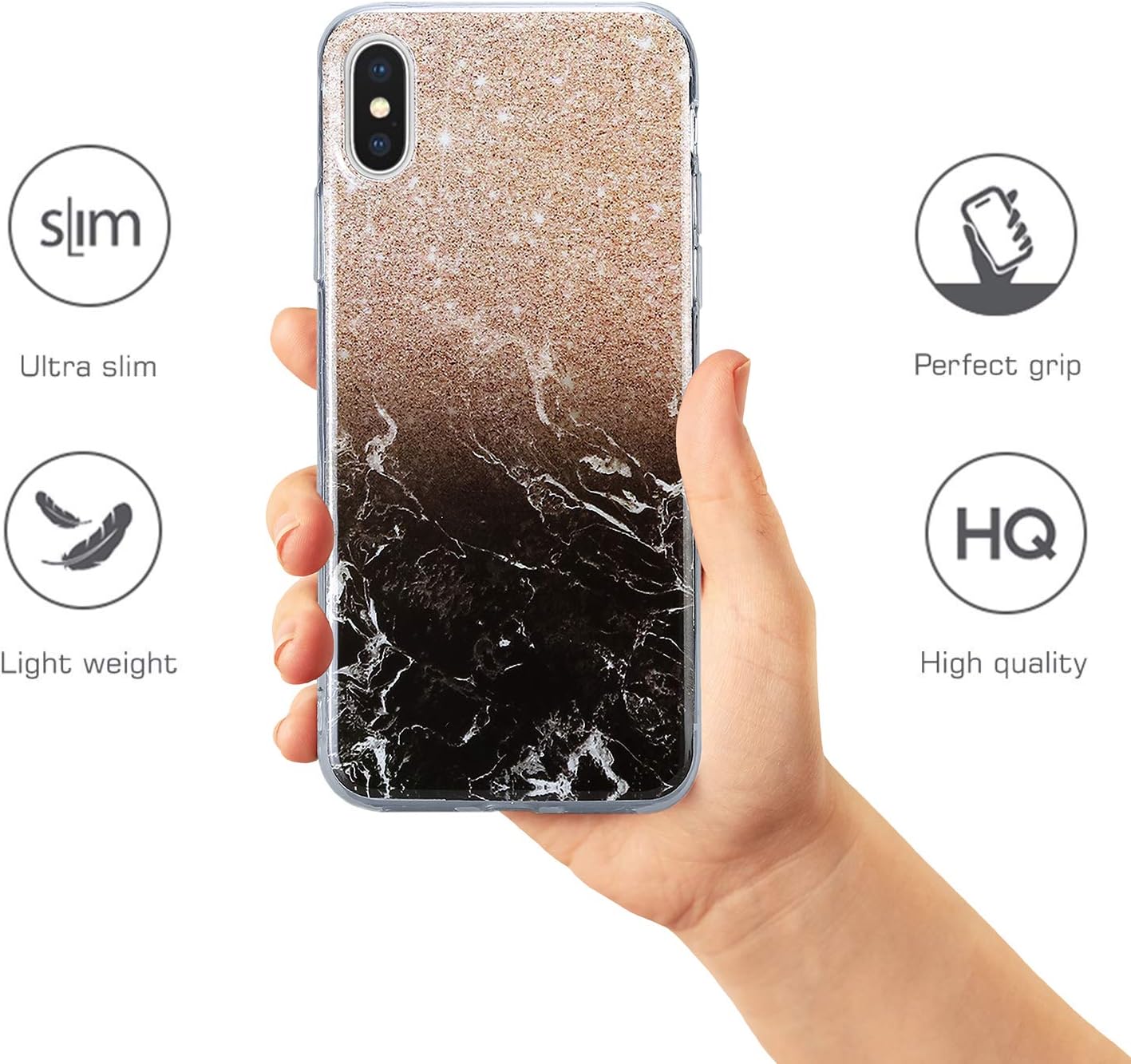 Kit Me Out World Marble Series Case Designed for iPhone Xs Case, TPU Thin Minimal Slim Fit Durable Shockproof Protection Case Cover (Black/Gold)