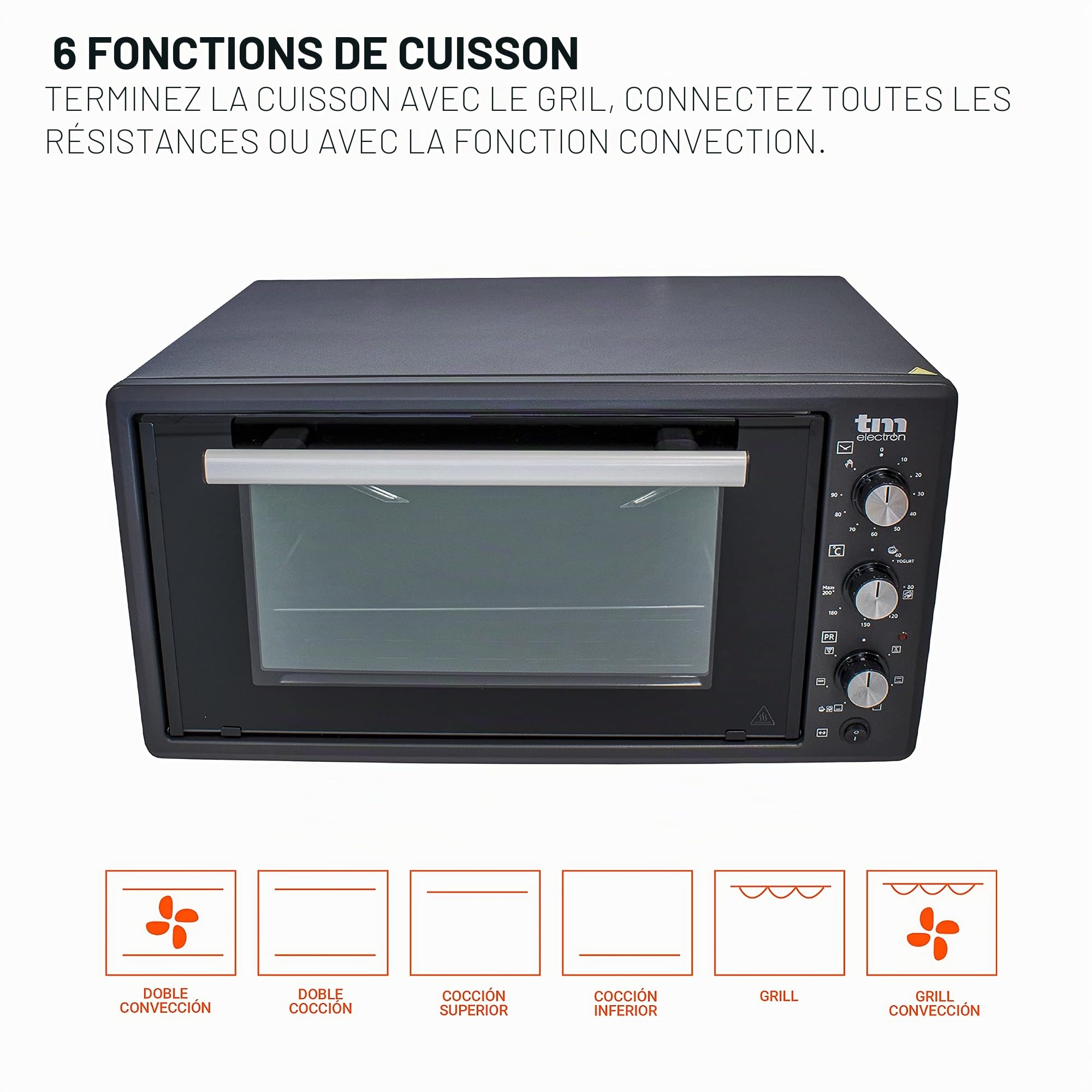 TM Electron TMPHO045 Four à convection de table, 6 fonctions, capacité de 45 litres, minuterie 90 minutes, température réglable de 80° à 250°, 1400 W