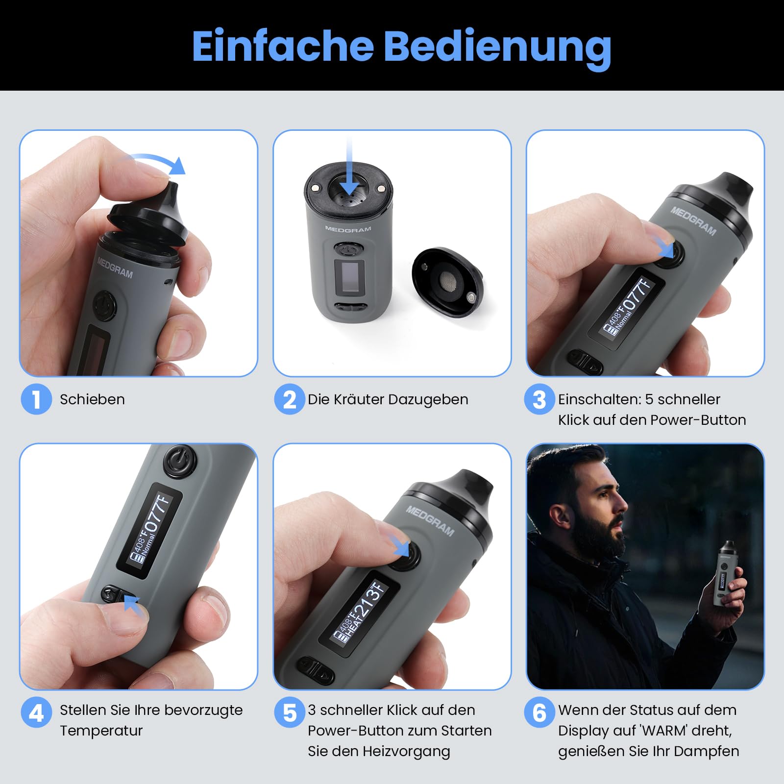 Vaporizer Kräuter | MEDGRAM Präzise Temperatureinstellung 93-220℃ | LCD Display | Magnetisches Slide-In-Mundstück | Einfache Reinigung